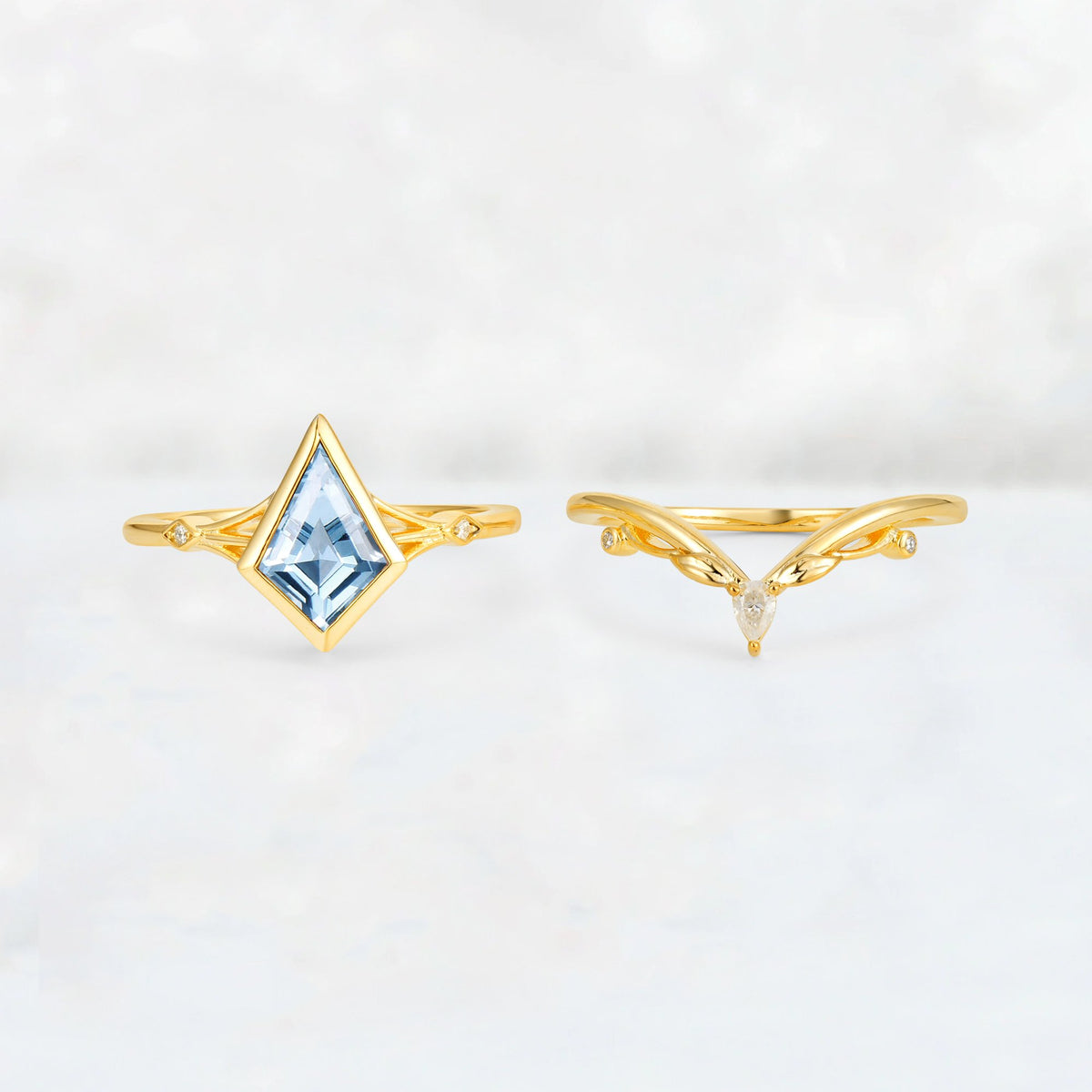 Kite Cut Aquamarine Nature-Inspired Bridal Ring Set - Rose-Gold