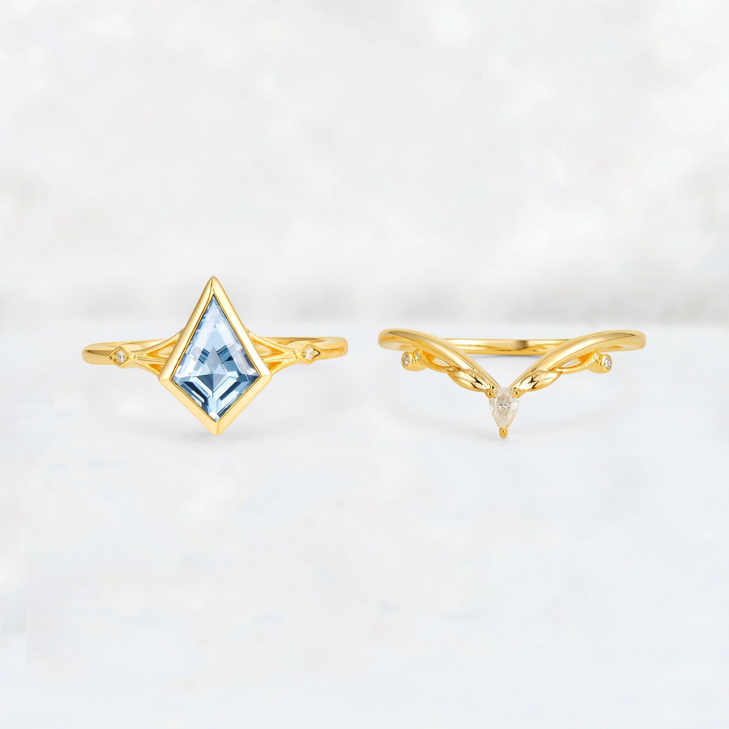 Kite Cut Aquamarine Nature-Inspired Bridal Ring Set - Rose-Gold