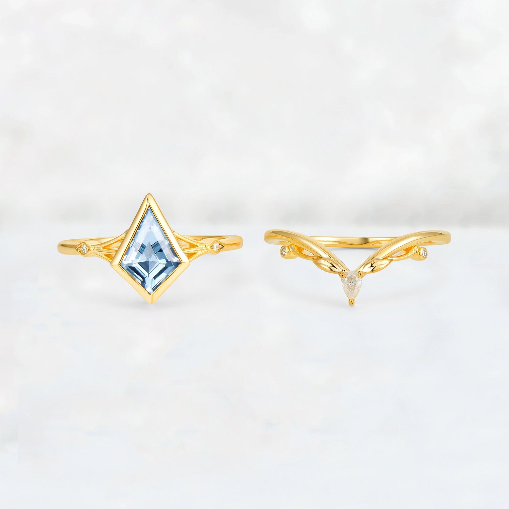 Kite Cut Aquamarine Nature-Inspired Bridal Ring Set - Rose-Gold