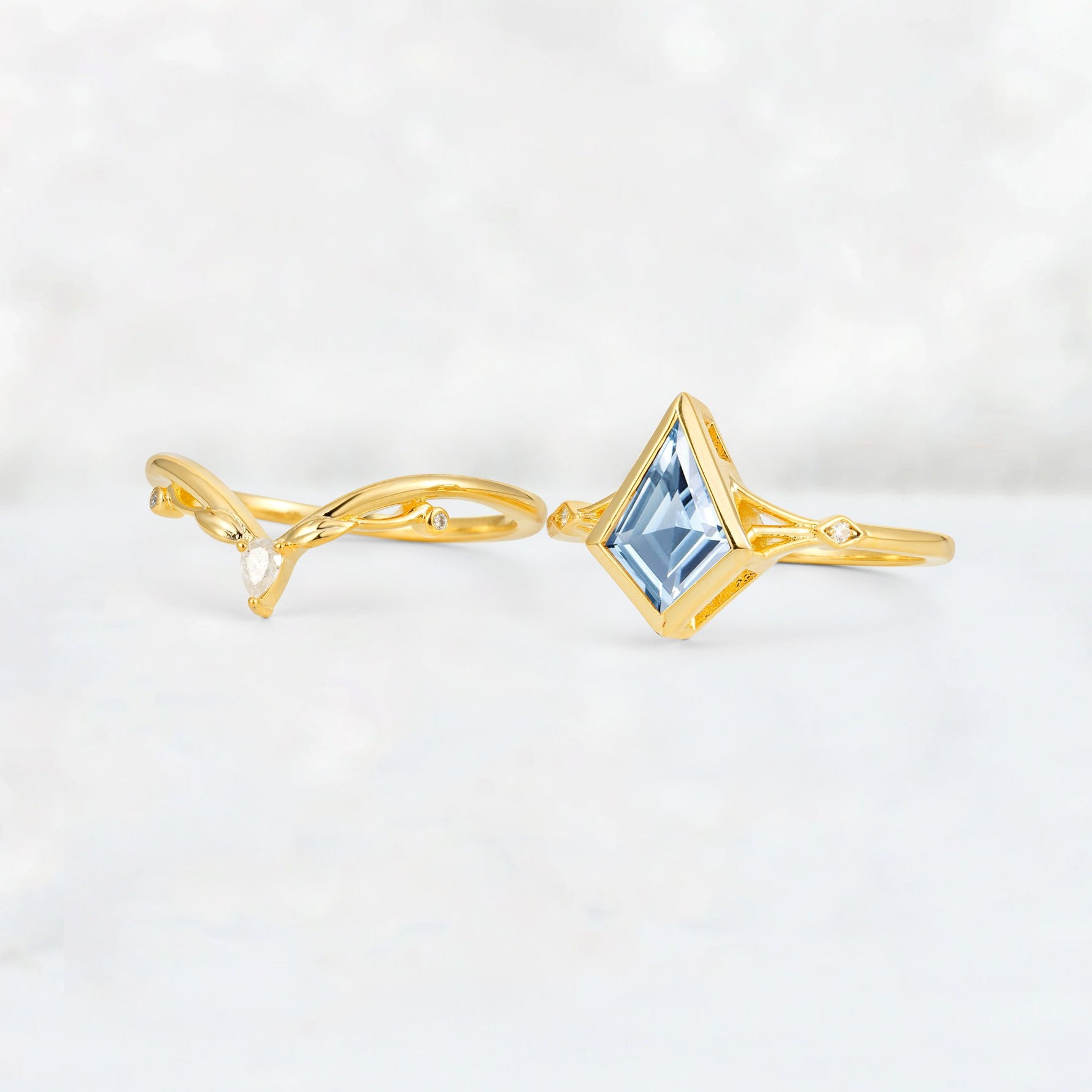 Kite Cut Aquamarine Nature-Inspired Bridal Ring Set - White-Gold
