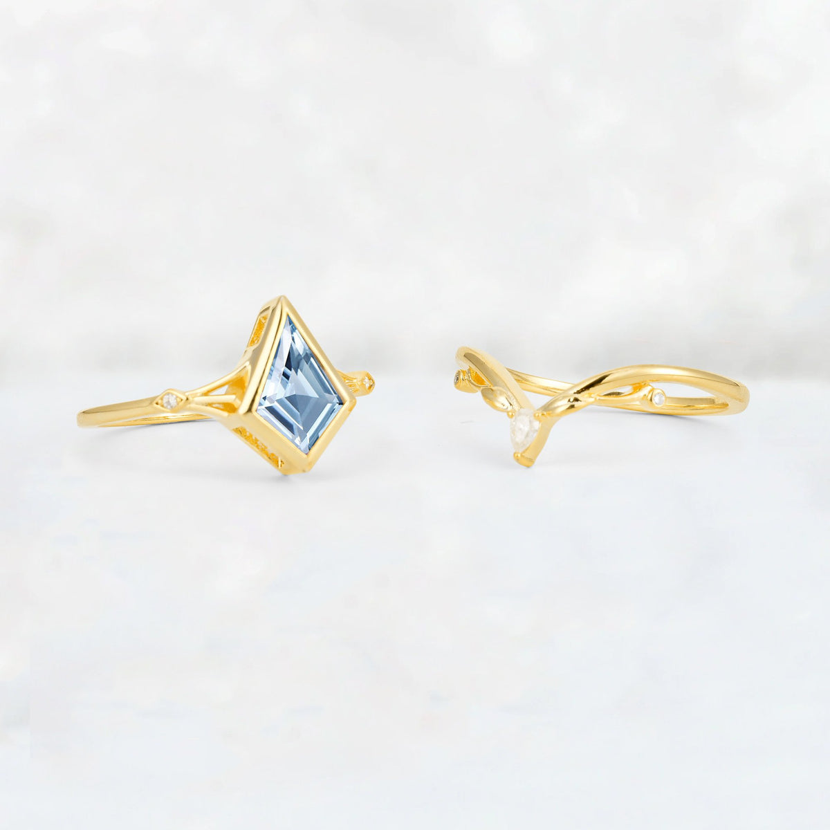 Kite Cut Aquamarine Nature-Inspired Bridal Ring Set - Additional view