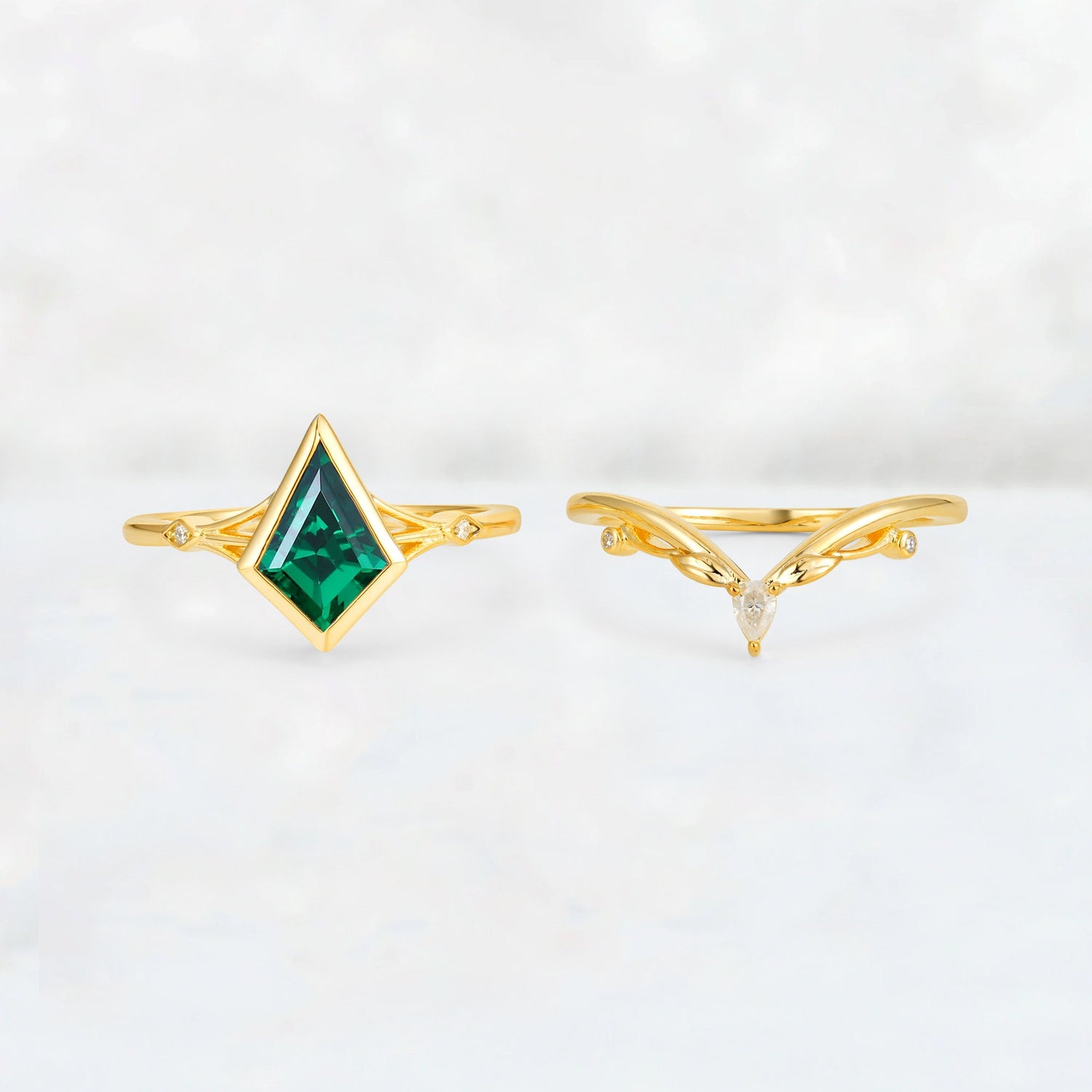 Kite Cut Emerald Nature-Inspired Bridal Ring Set - Rose-Gold