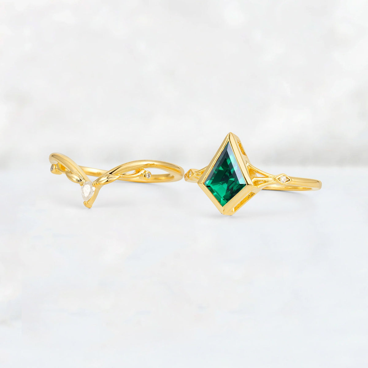 Kite Cut Emerald Nature-Inspired Bridal Ring Set - White-Gold
