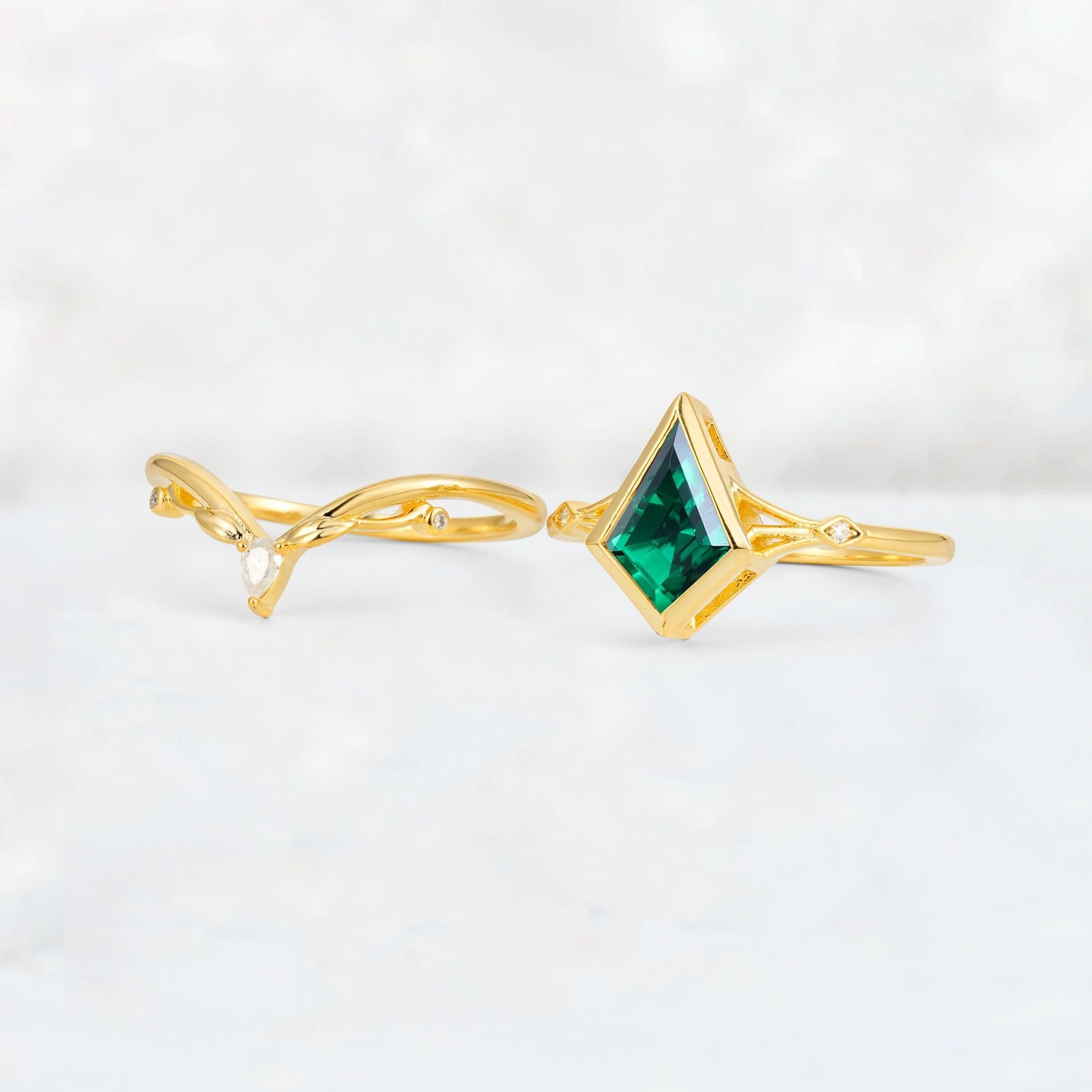 Kite Cut Emerald Nature-Inspired Bridal Ring Set - White-Gold