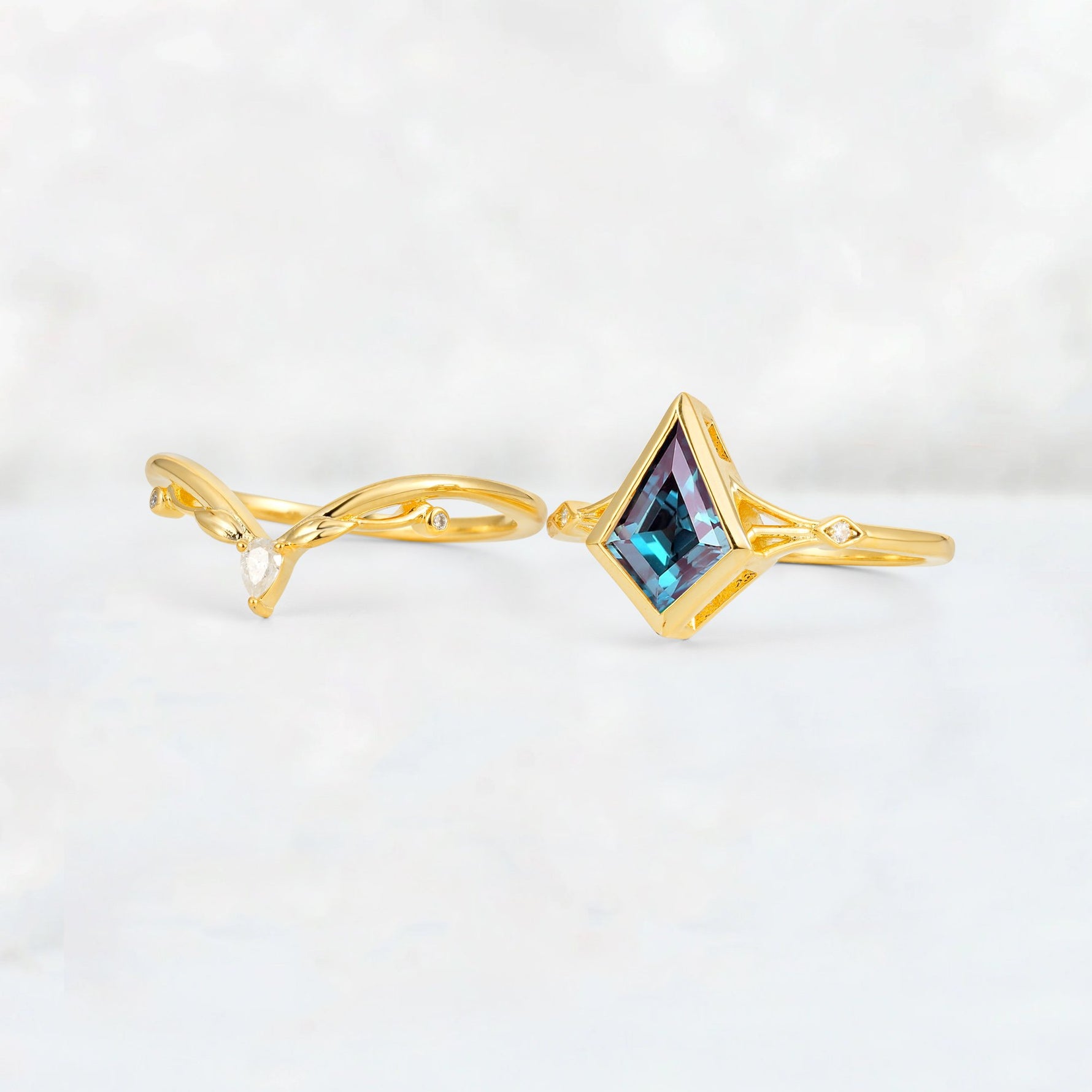 Kite Cut Alexandrite Nature-Inspired Bridal Ring Set - White-Gold