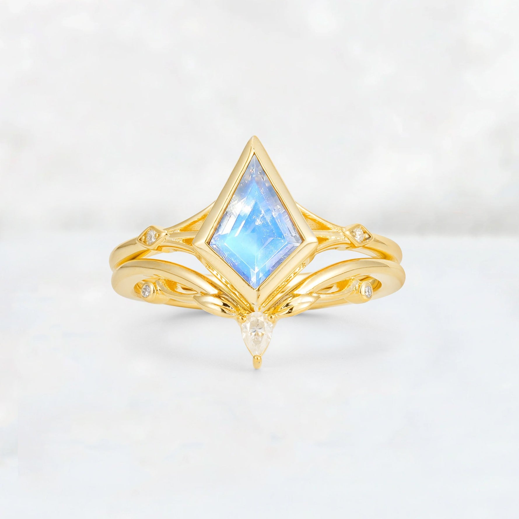 Kite Cut Moonstone Nature-Inspired Bridal Ring Set - Yellow-Gold