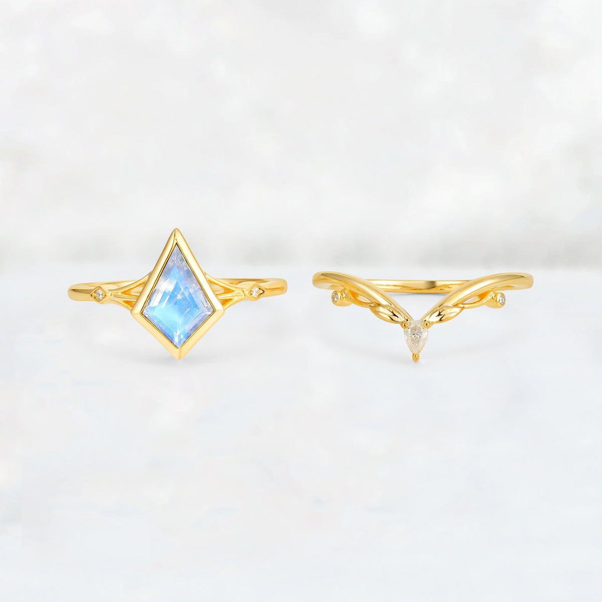 Kite Cut Moonstone Nature-Inspired Bridal Ring Set - Rose-Gold