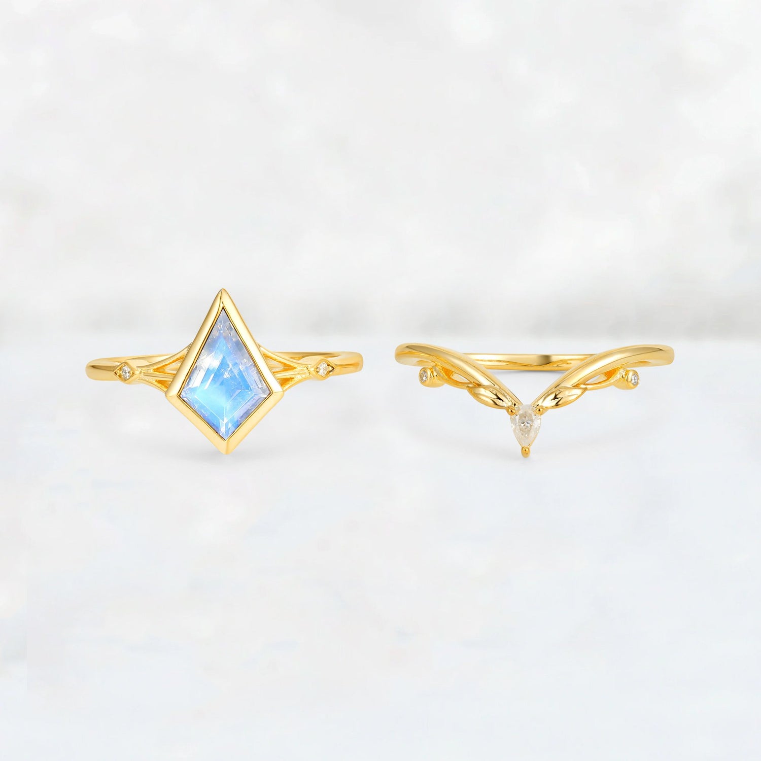 Kite Cut Moonstone Nature-Inspired Bridal Ring Set - Rose-Gold