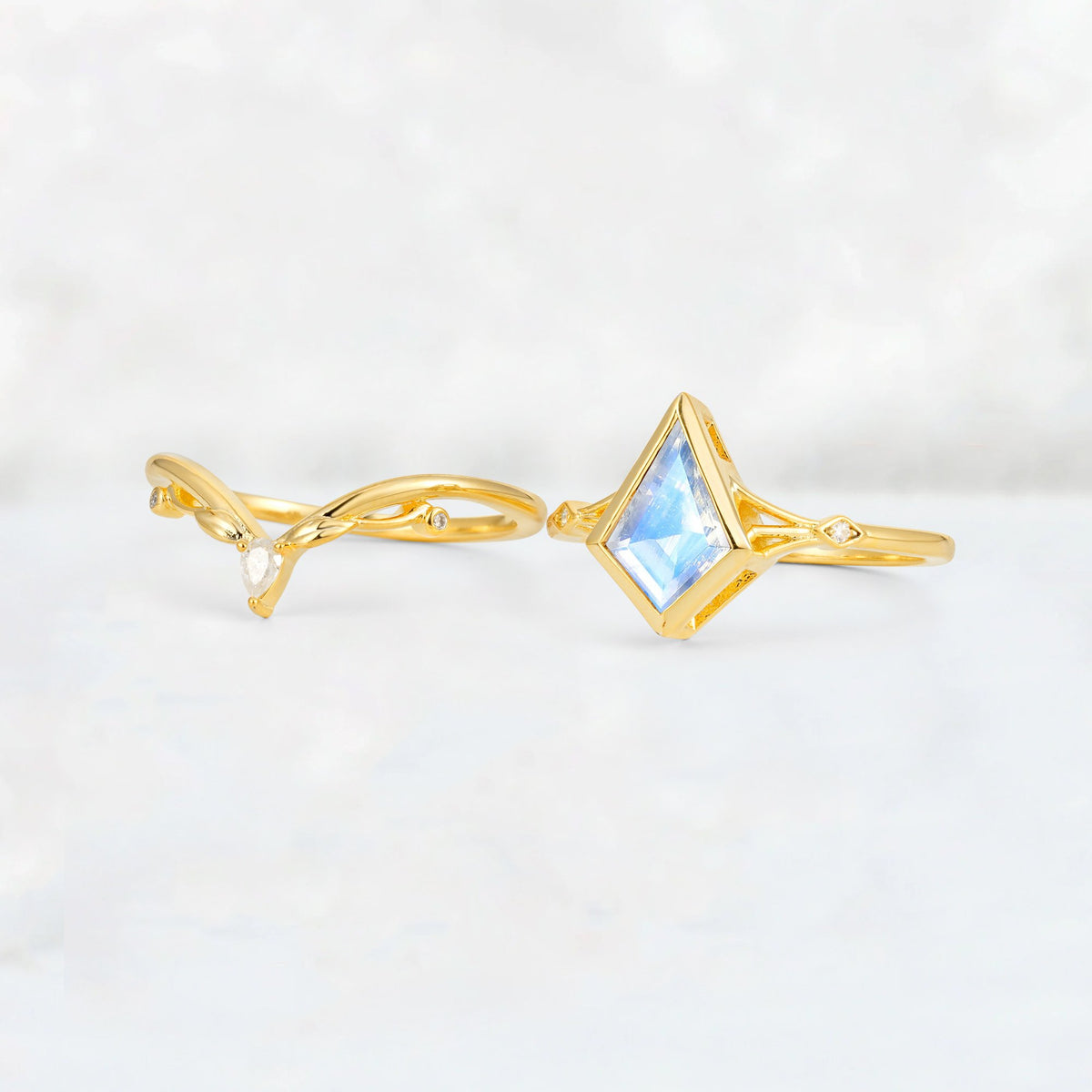 Kite Cut Moonstone Nature-Inspired Bridal Ring Set - White-Gold