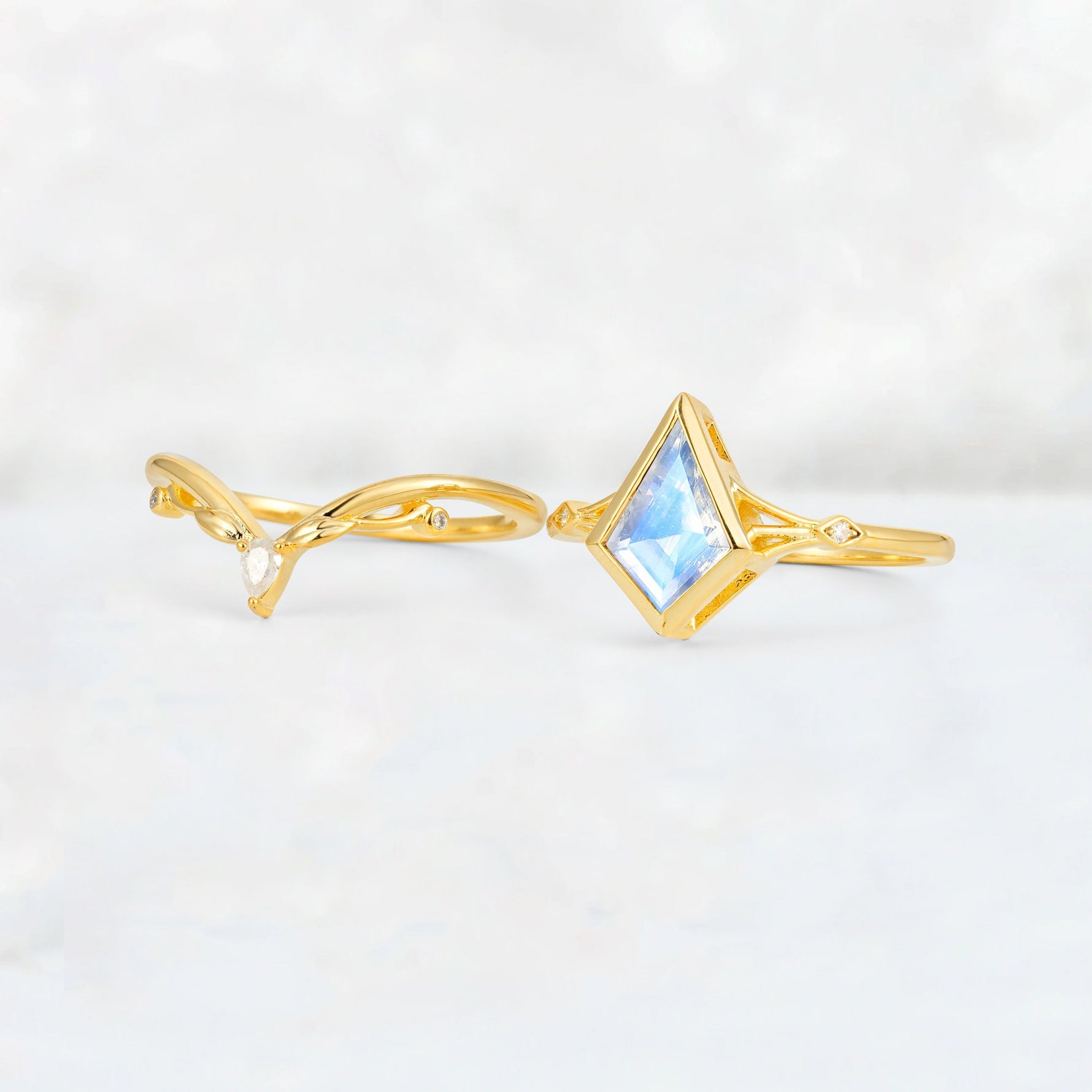 Kite Cut Moonstone Nature-Inspired Bridal Ring Set - White-Gold