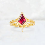 Kite Cut Ruby Nature-Inspired Bridal Ring Set - Yellow-Gold