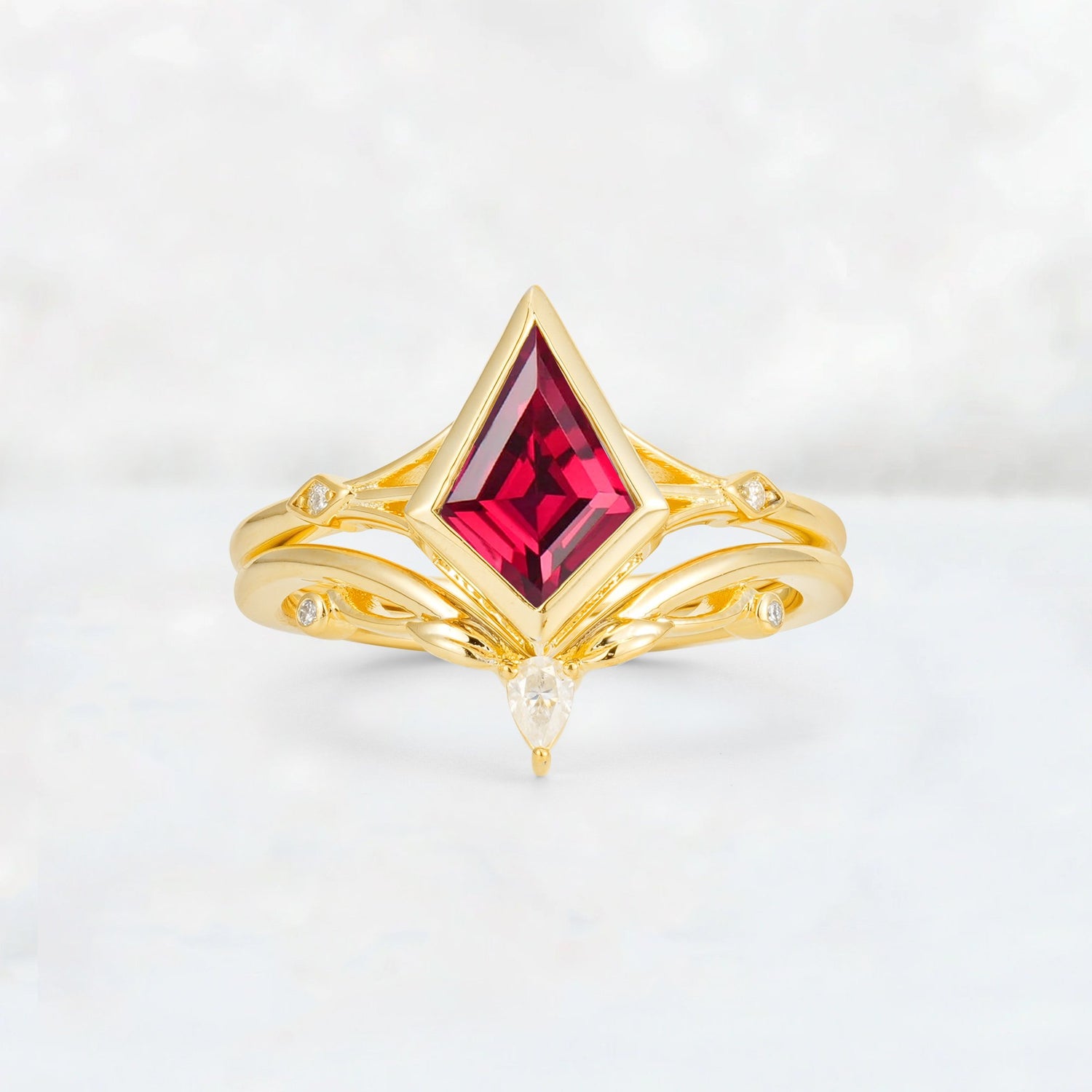 Kite Cut Ruby Nature-Inspired Bridal Ring Set - Yellow-Gold