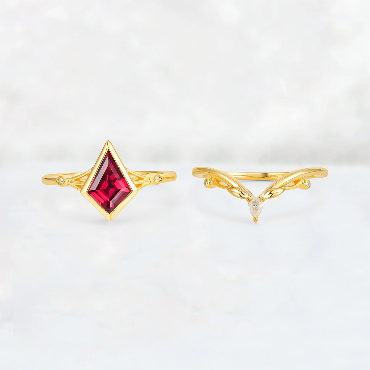 Kite Cut Ruby Nature-Inspired Bridal Ring Set - Rose-Gold