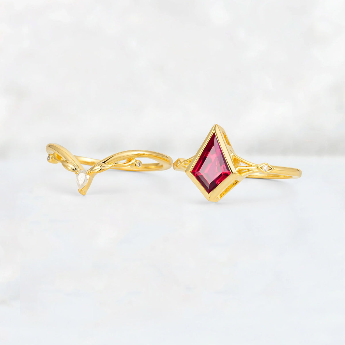 Kite Cut Ruby Nature-Inspired Bridal Ring Set - White-Gold