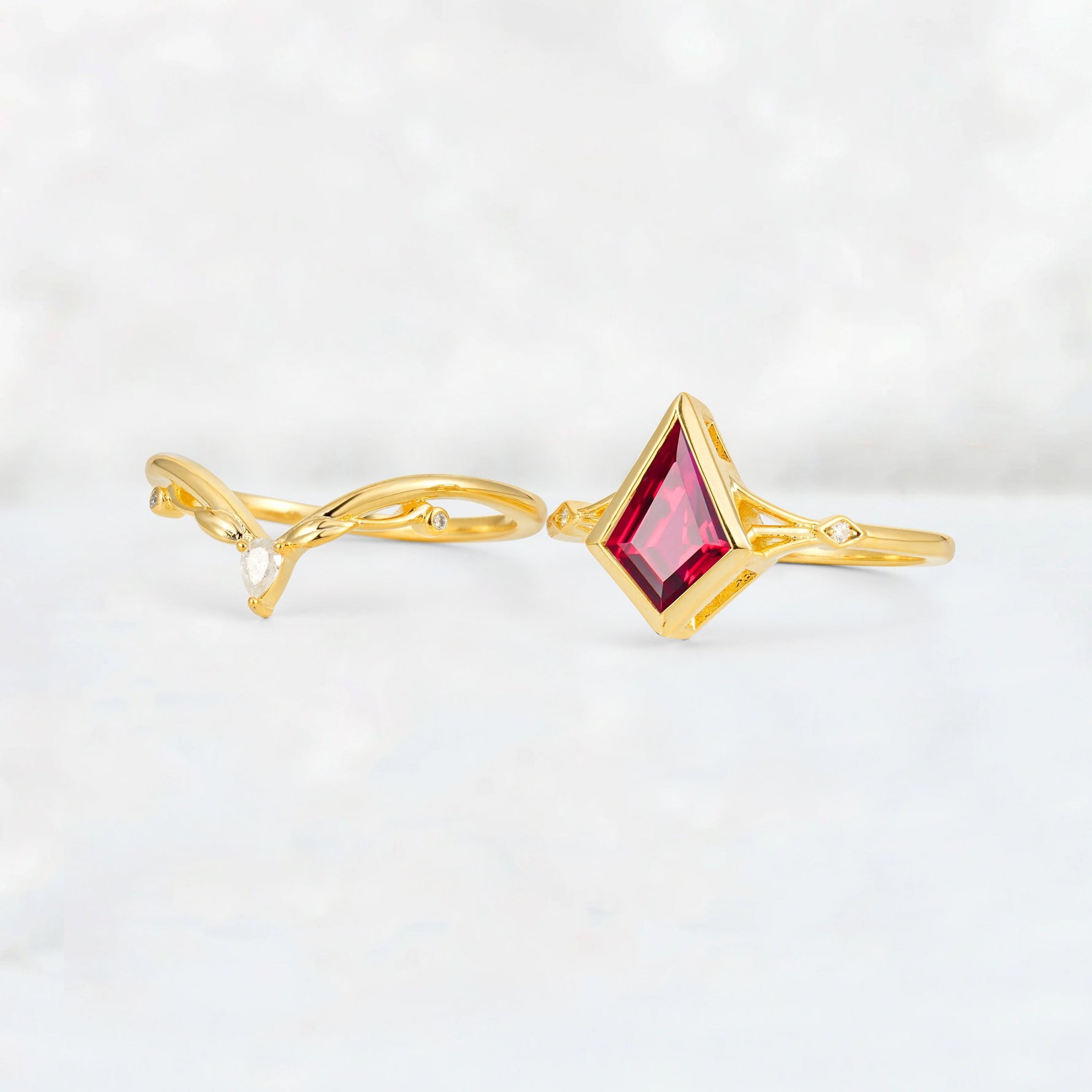Kite Cut Ruby Nature-Inspired Bridal Ring Set - White-Gold
