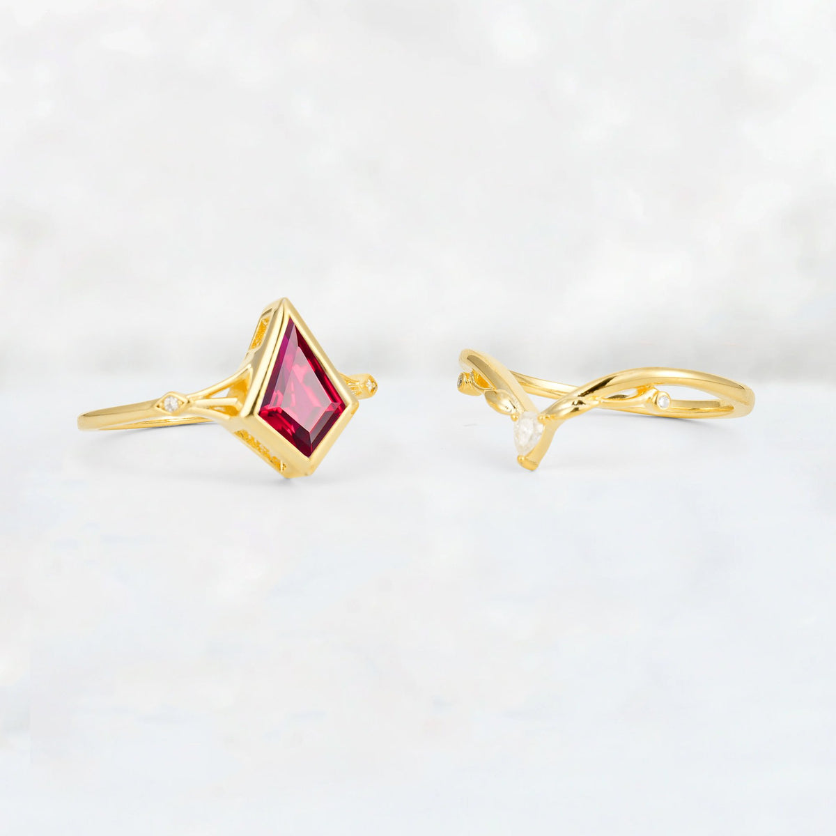 Kite Cut Ruby Nature-Inspired Bridal Ring Set - Additional view