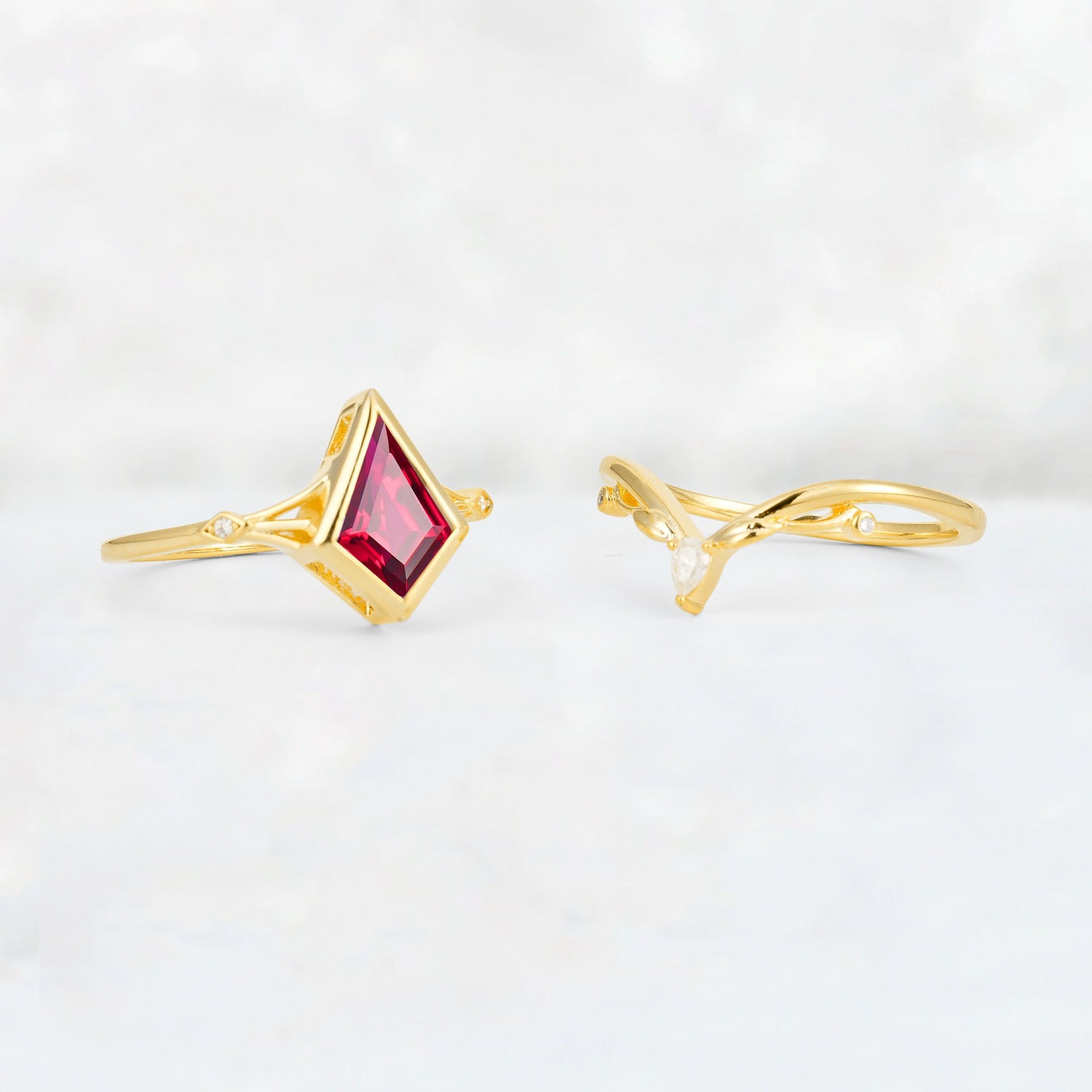 Kite Cut Ruby Nature-Inspired Bridal Ring Set - Additional view