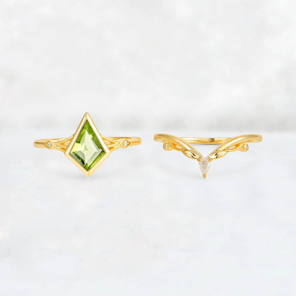 Kite Cut Peridot Nature-Inspired Bridal Ring Set - Rose-Gold