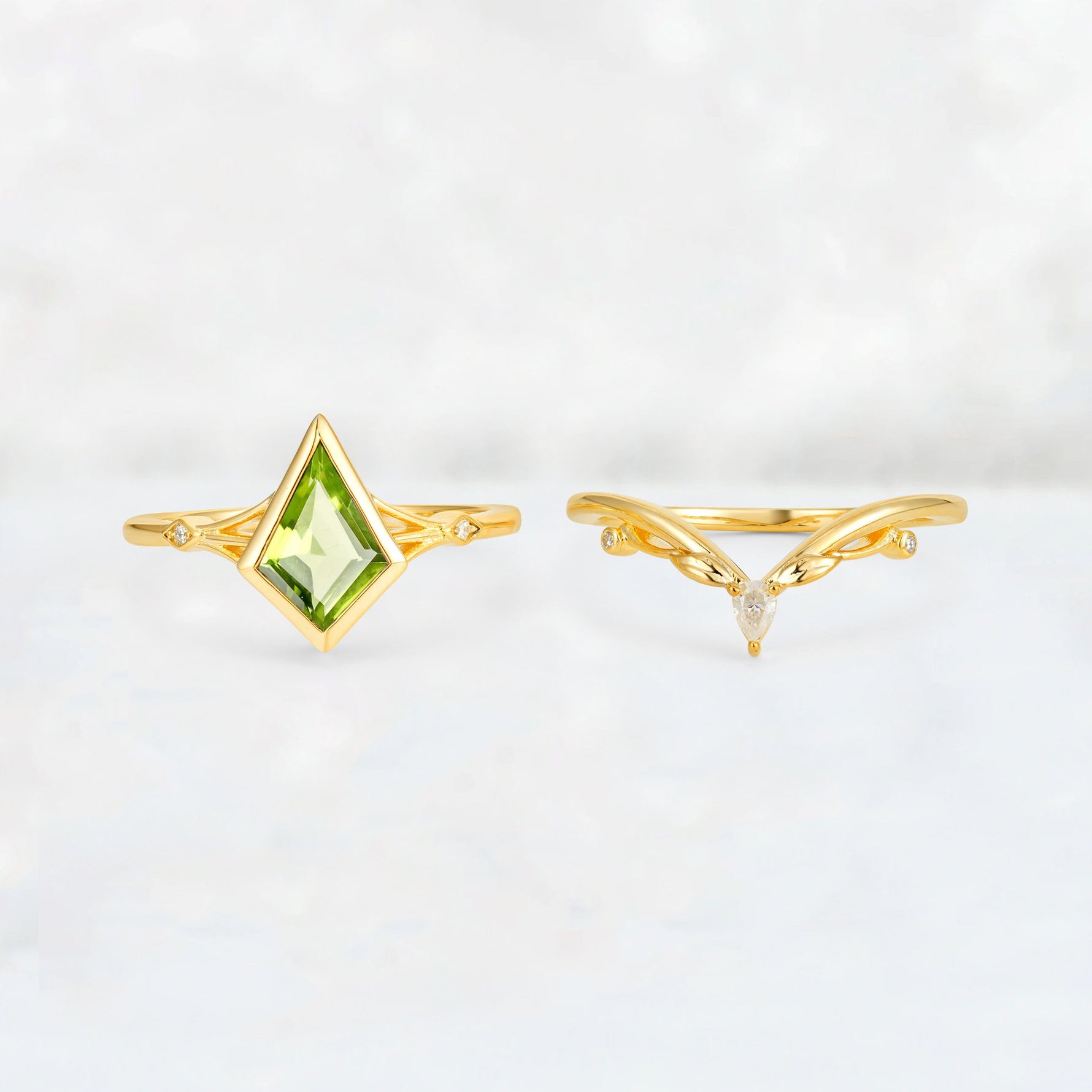 Kite Cut Peridot Nature-Inspired Bridal Ring Set - Rose-Gold
