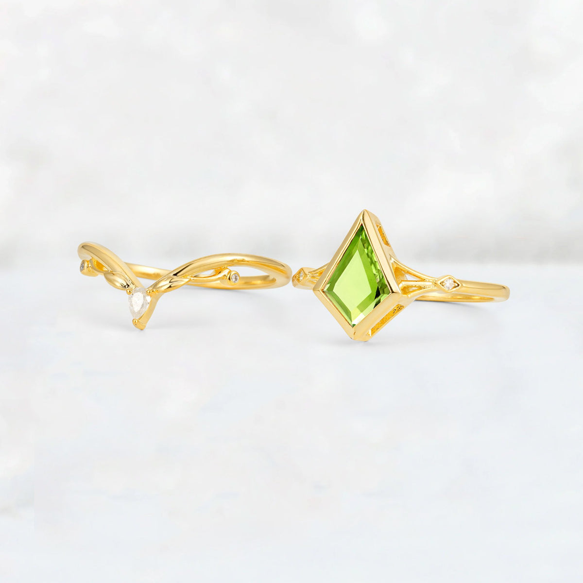 Kite Cut Peridot Nature-Inspired Bridal Ring Set - White-Gold