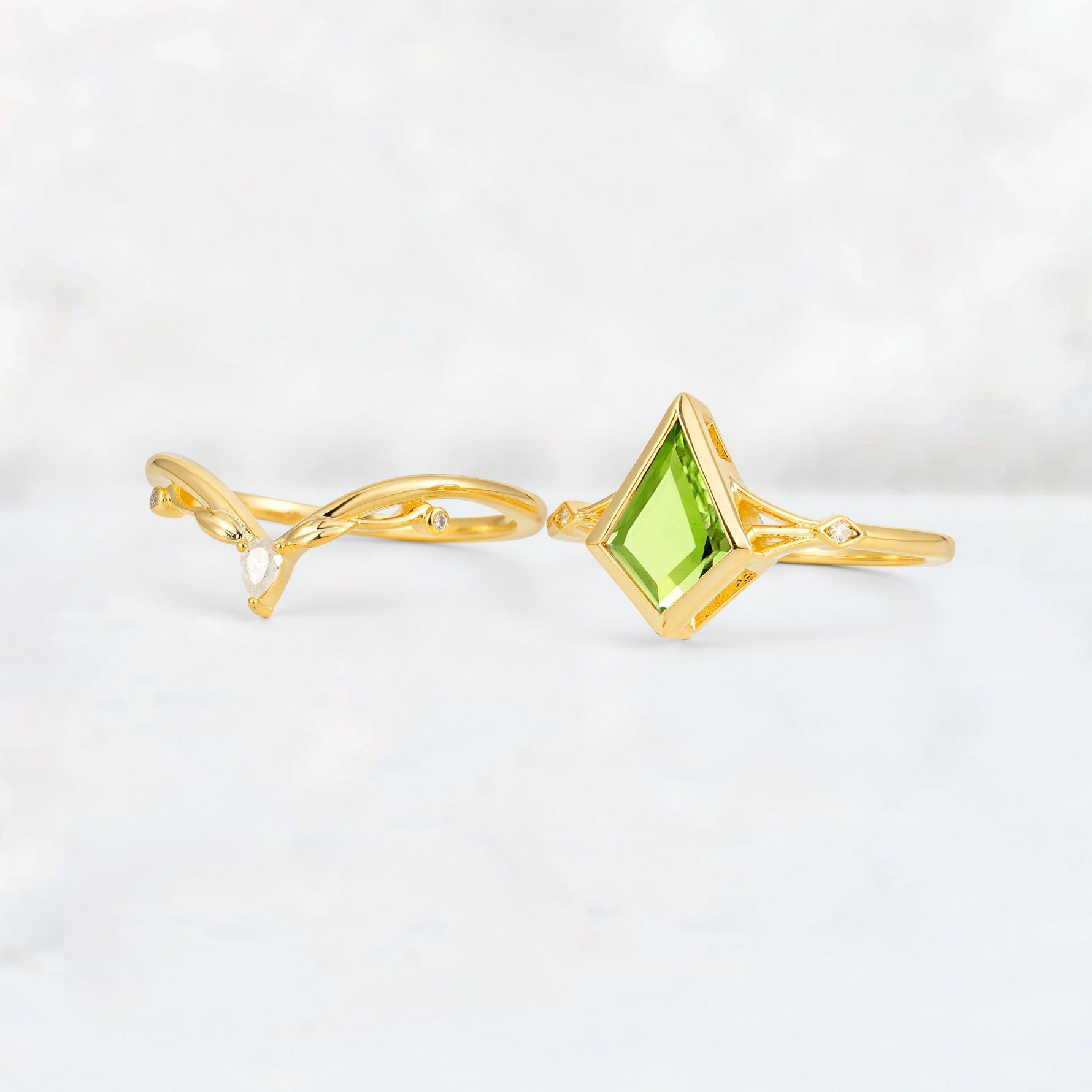Kite Cut Peridot Nature-Inspired Bridal Ring Set - White-Gold