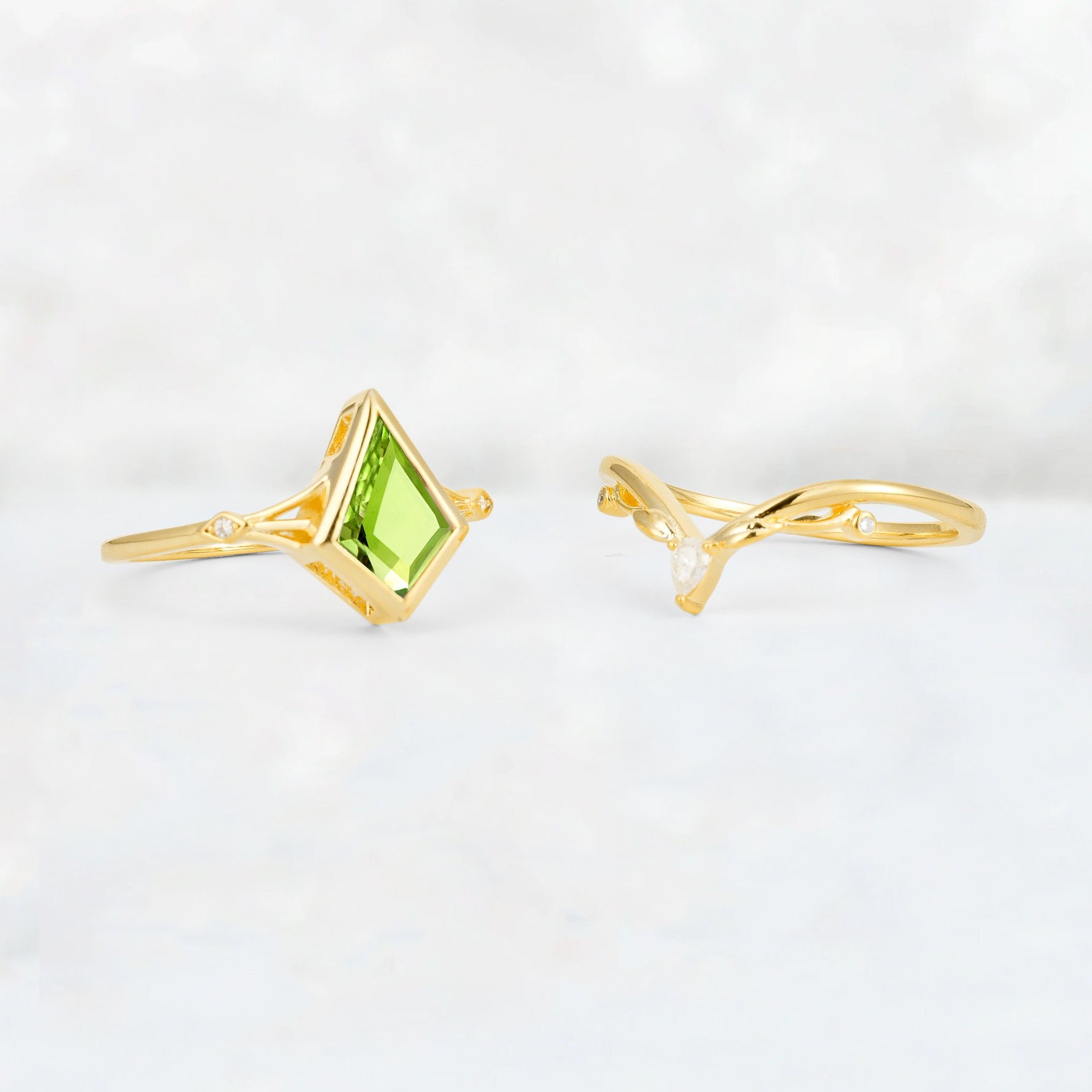 Kite Cut Peridot Nature-Inspired Bridal Ring Set - Additional view