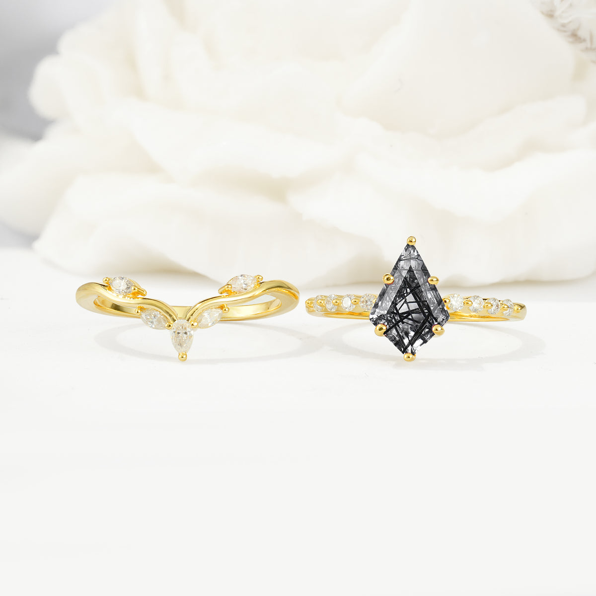 SR17094 Black Rutilated Quartz Ring - White-Gold