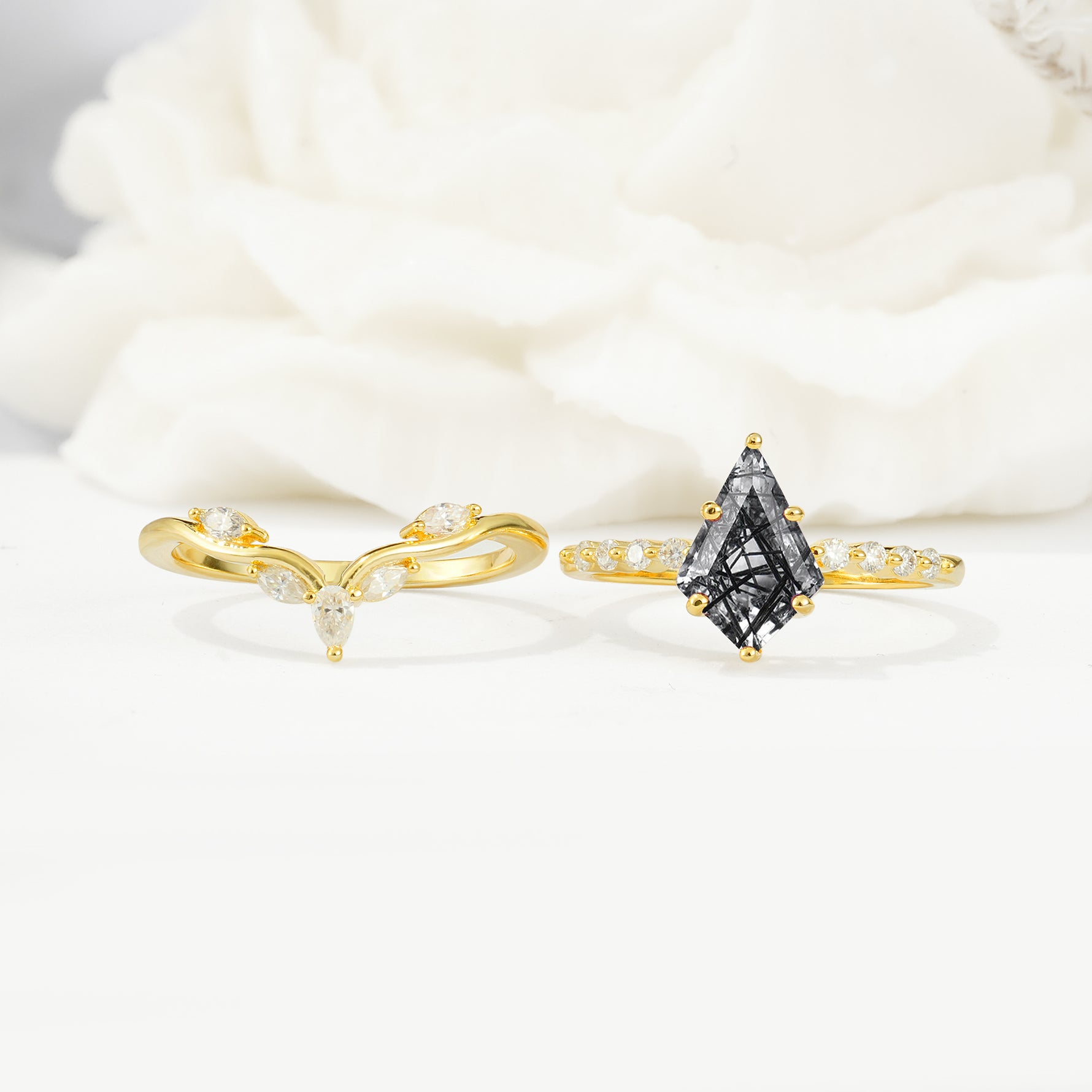 SR17094 Black Rutilated Quartz Ring - White-Gold