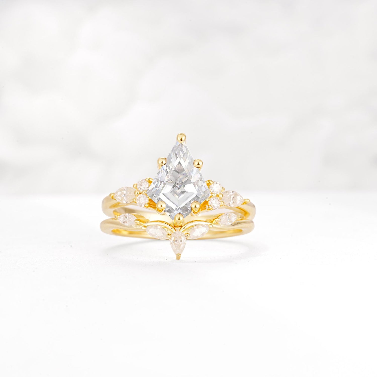 Kite Cut Moissanite Engagement Ring Set with Lotus Tiara Enhancer - Yellow-Gold