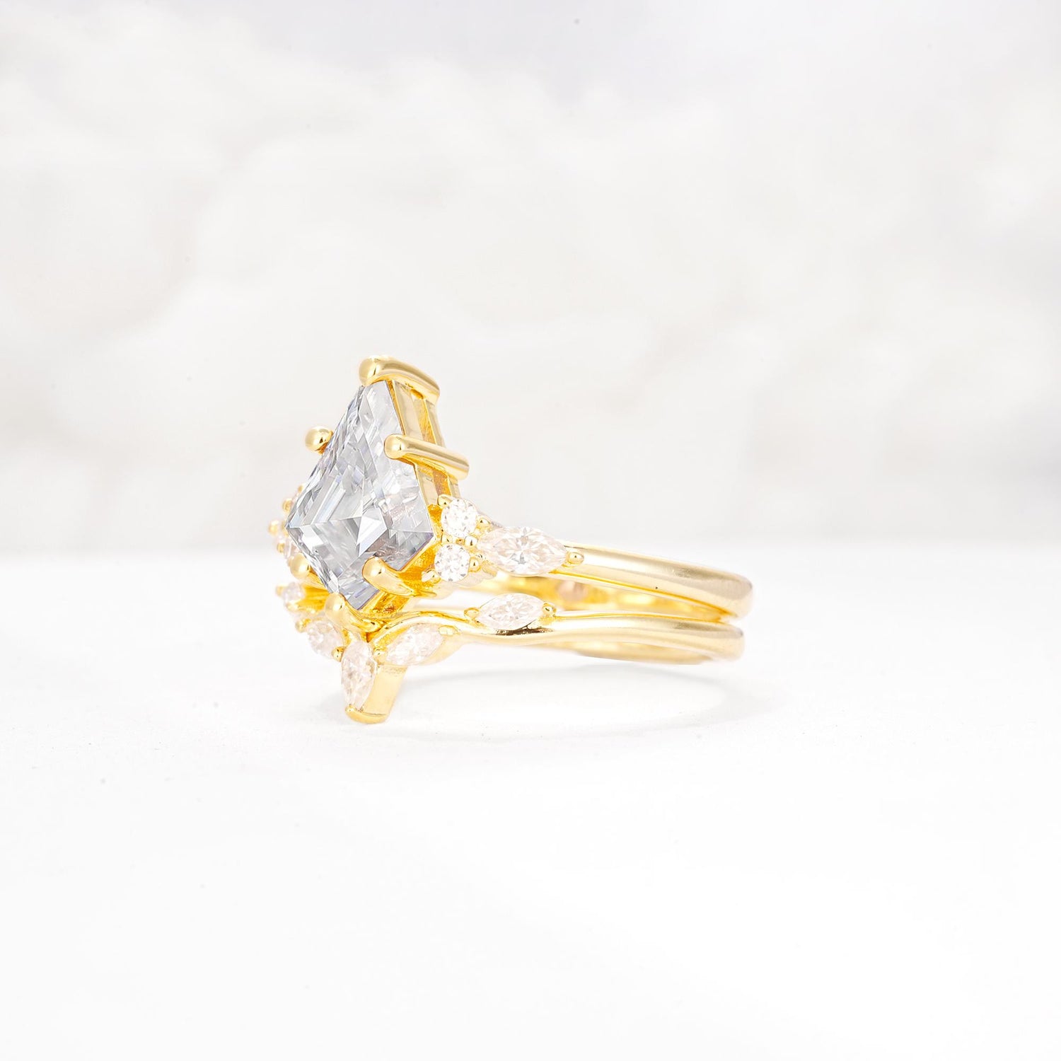 Kite Cut Moissanite Engagement Ring Set with Lotus Tiara Enhancer - Rose-Gold