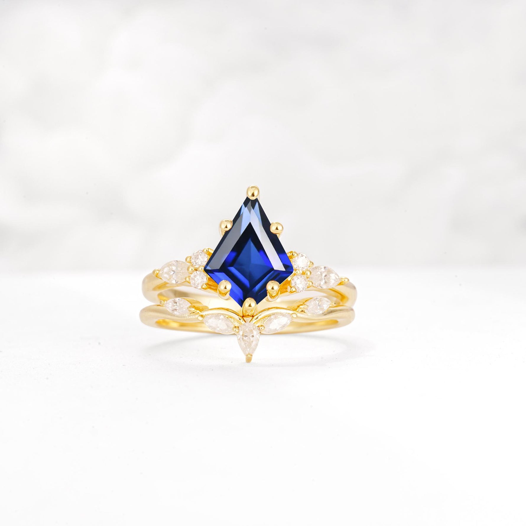 Kite Cut Sapphire Engagement Ring Set with Lotus Tiara Enhancer - Yellow-Gold