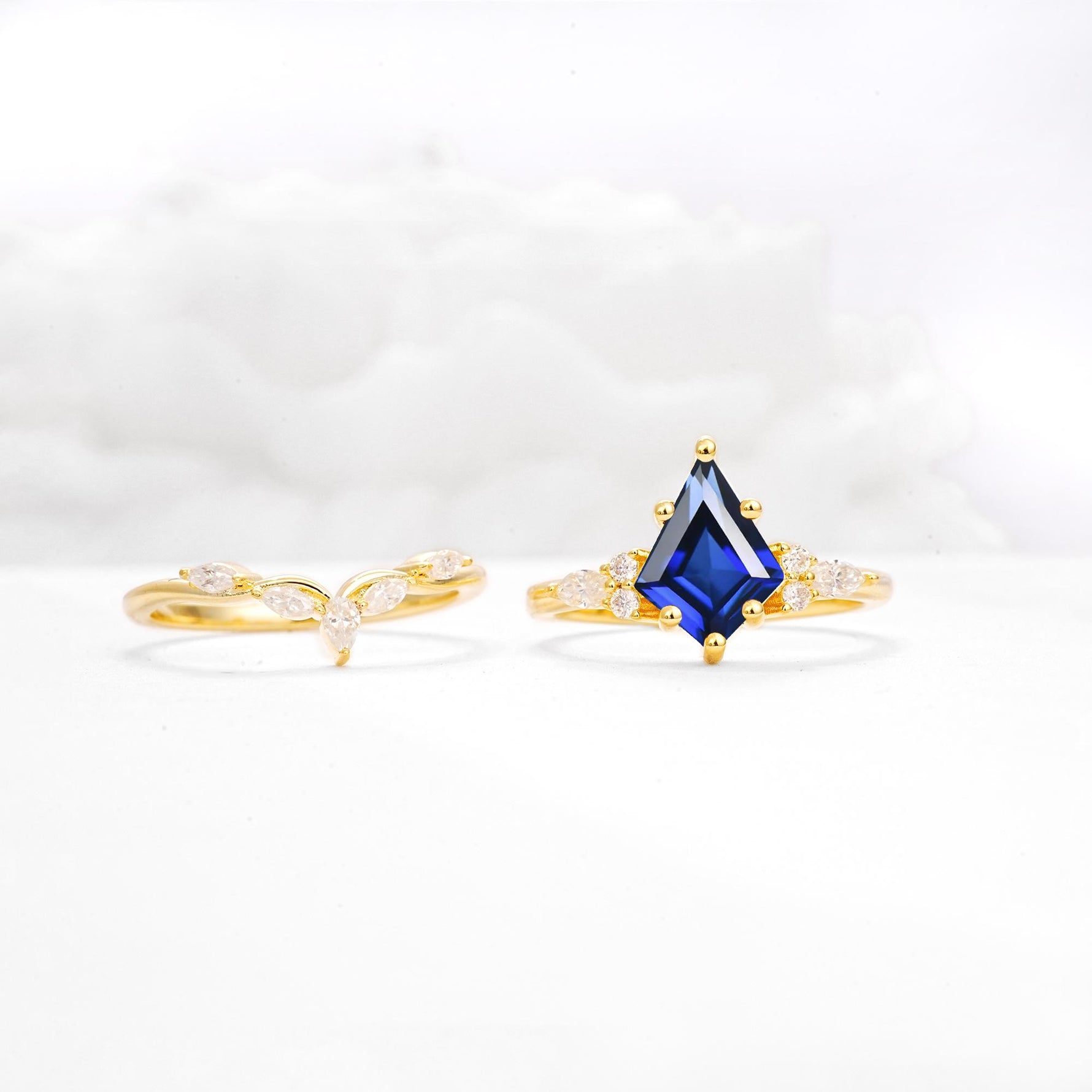Kite Cut Sapphire Engagement Ring Set with Lotus Tiara Enhancer - White-Gold