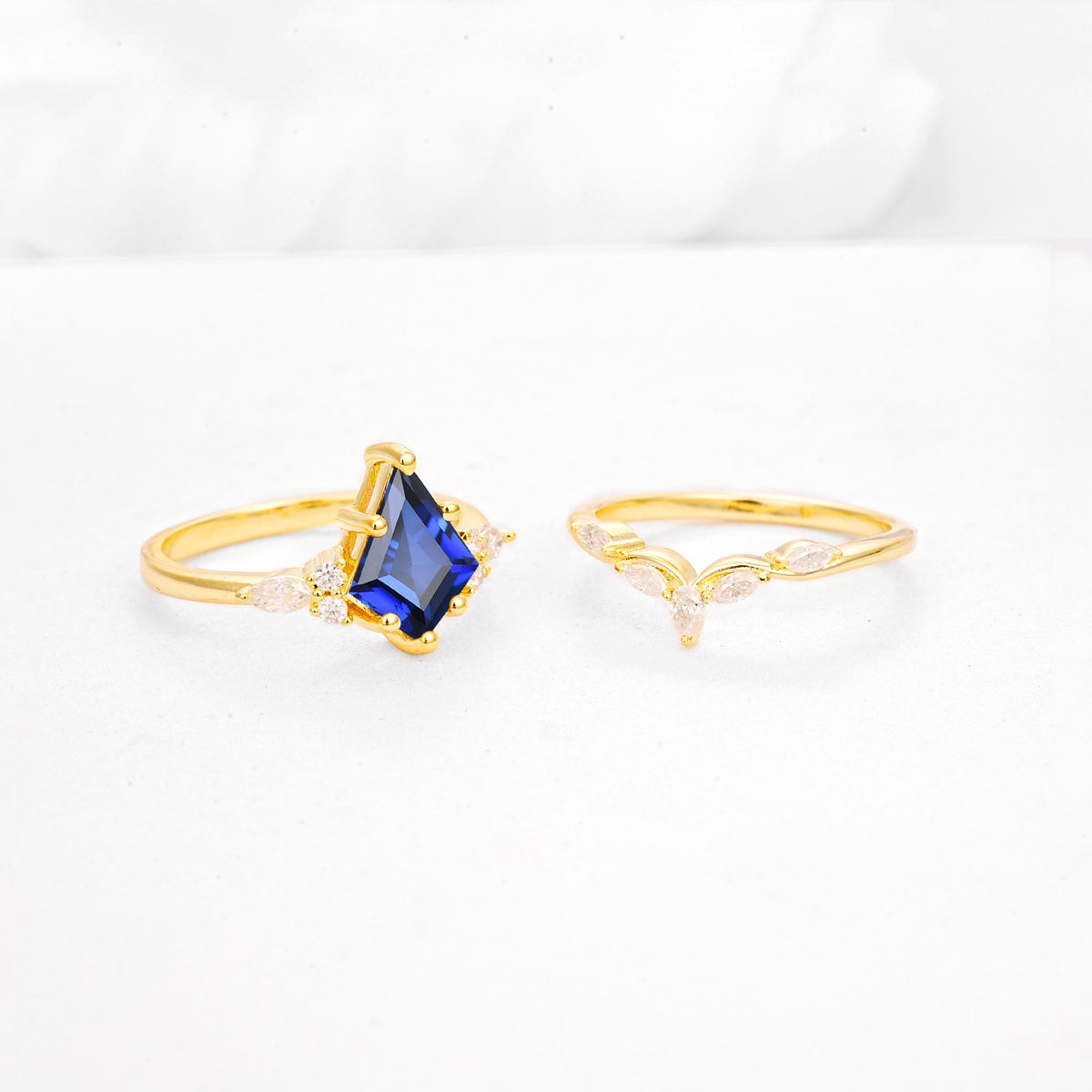 Kite Cut Sapphire Engagement Ring Set with Lotus Tiara Enhancer - Additional view
