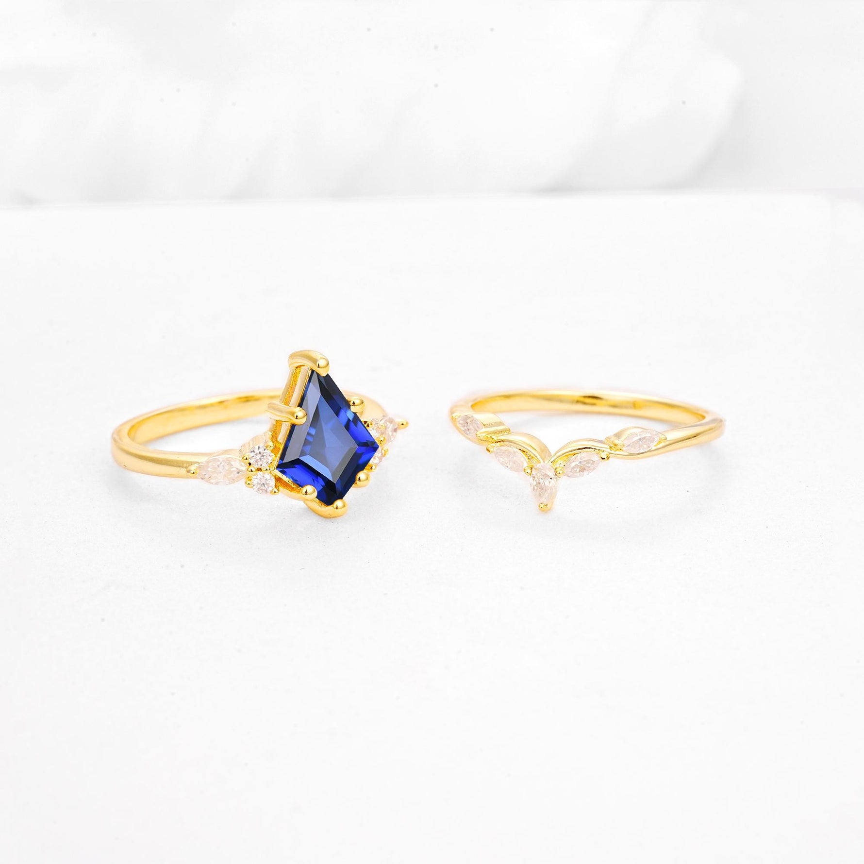 Kite Cut Sapphire Engagement Ring Set with Lotus Tiara Enhancer - Additional view