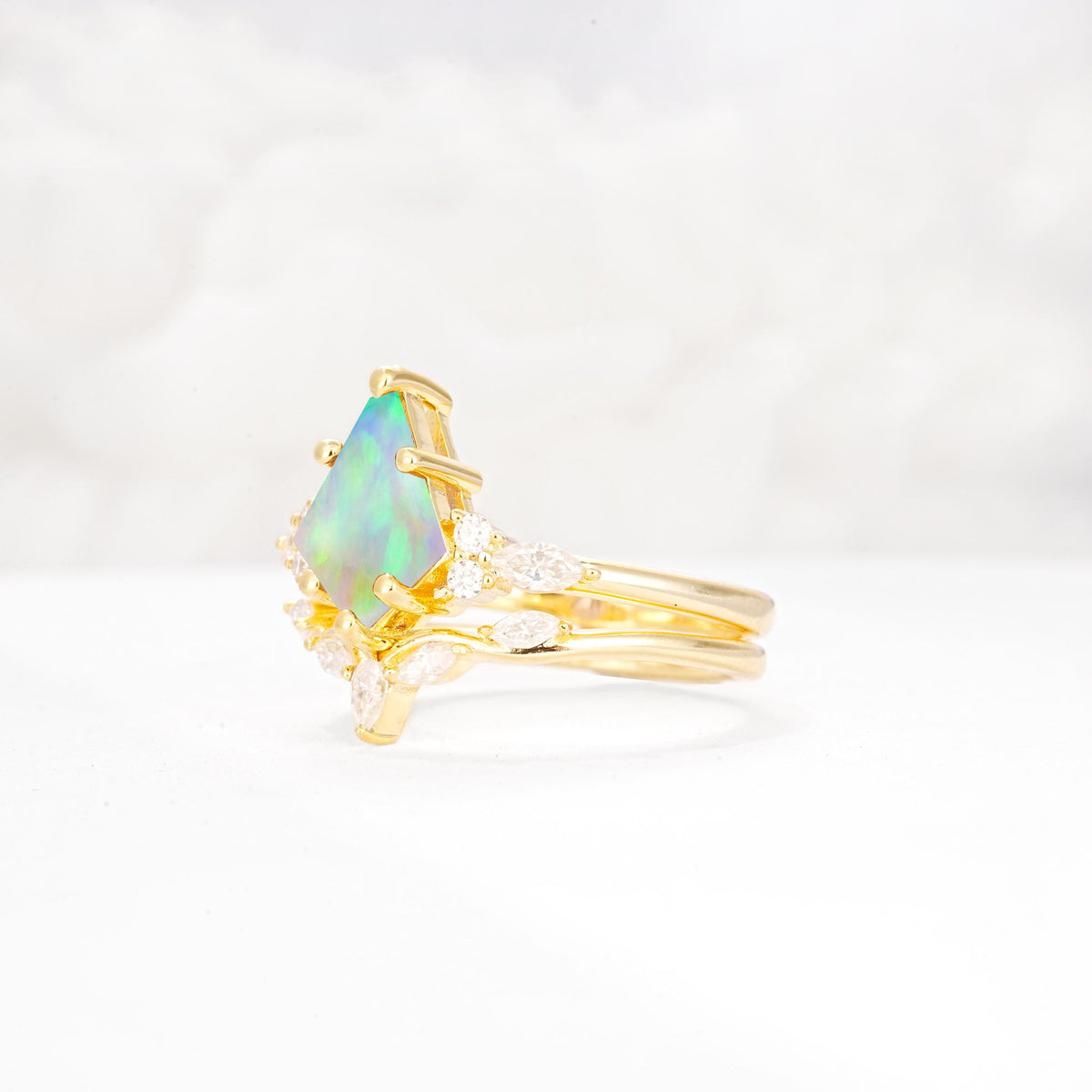 Kite Cut Fire Opal Engagement Ring Set with Lotus Tiara Enhancer - Rose-Gold