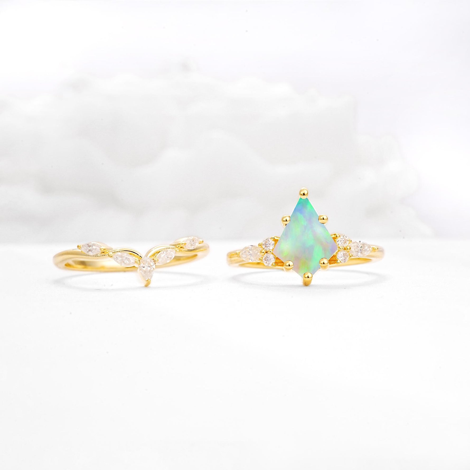 Kite Cut Fire Opal Engagement Ring Set with Lotus Tiara Enhancer - White-Gold