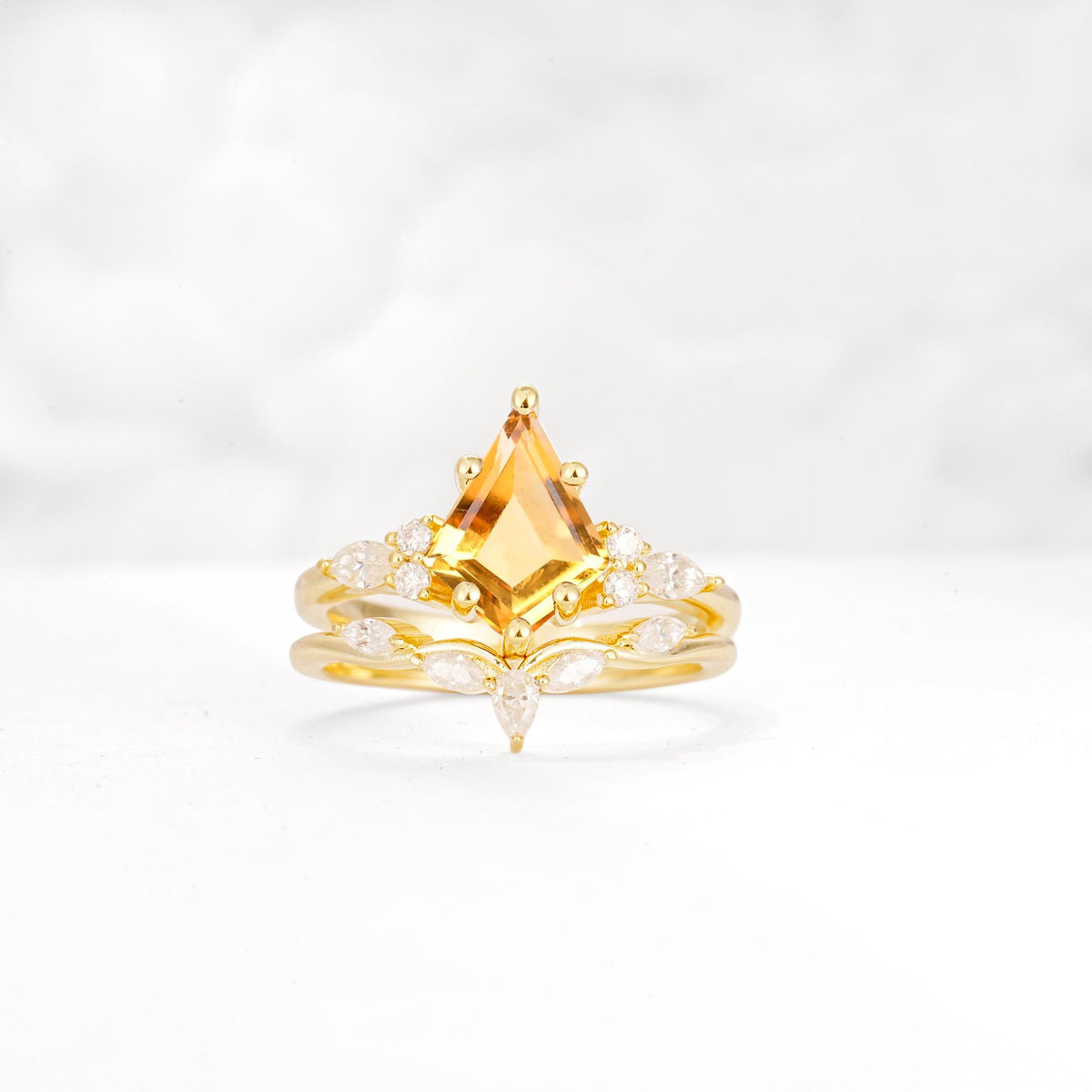 Kite Cut Citrine Engagement Ring Set with Lotus Tiara Enhancer - Yellow-Gold