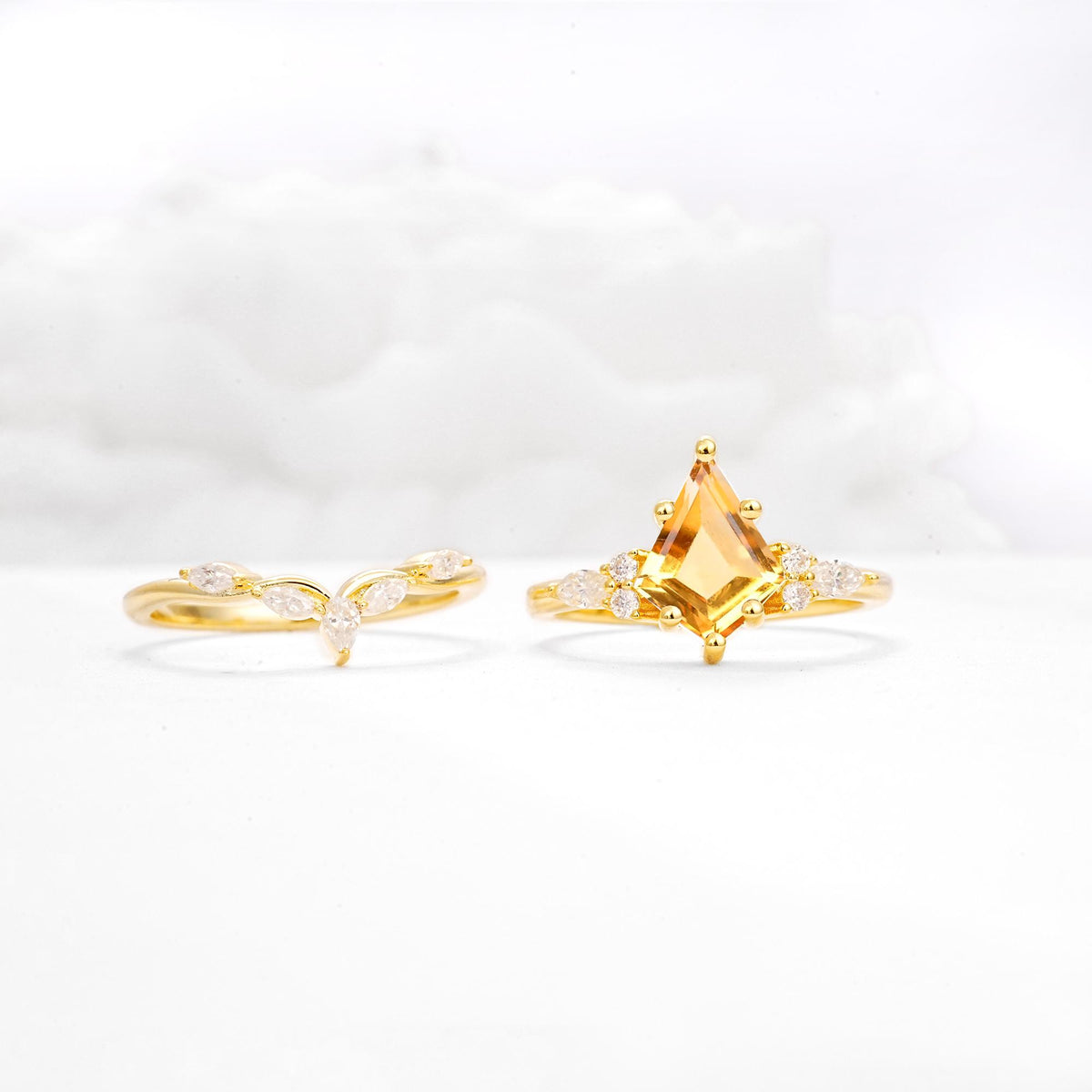 Kite Cut Citrine Engagement Ring Set with Lotus Tiara Enhancer - White-Gold
