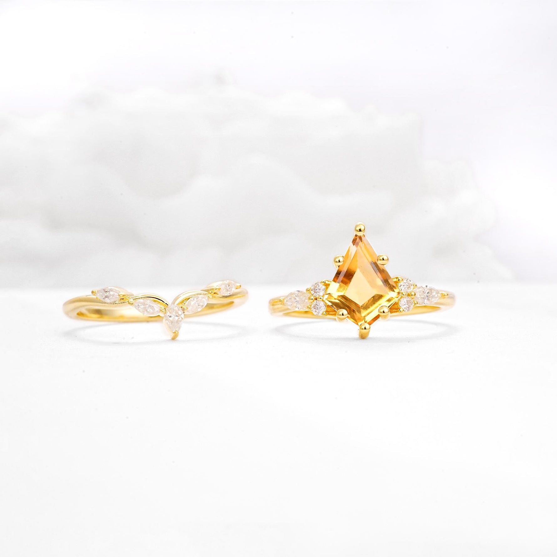 Kite Cut Citrine Engagement Ring Set with Lotus Tiara Enhancer - White-Gold