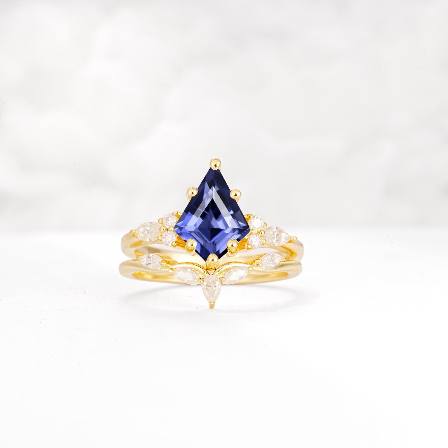 Kite Cut Tanzanite Engagement Ring Set with Lotus Tiara Enhancer - Yellow-Gold