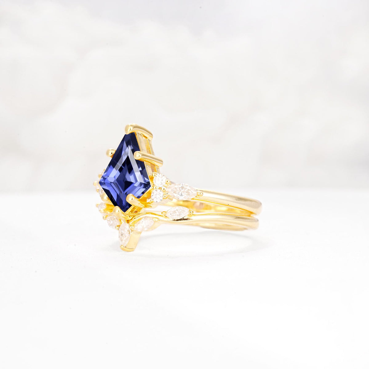 Kite Cut Tanzanite Engagement Ring Set with Lotus Tiara Enhancer - Rose-Gold