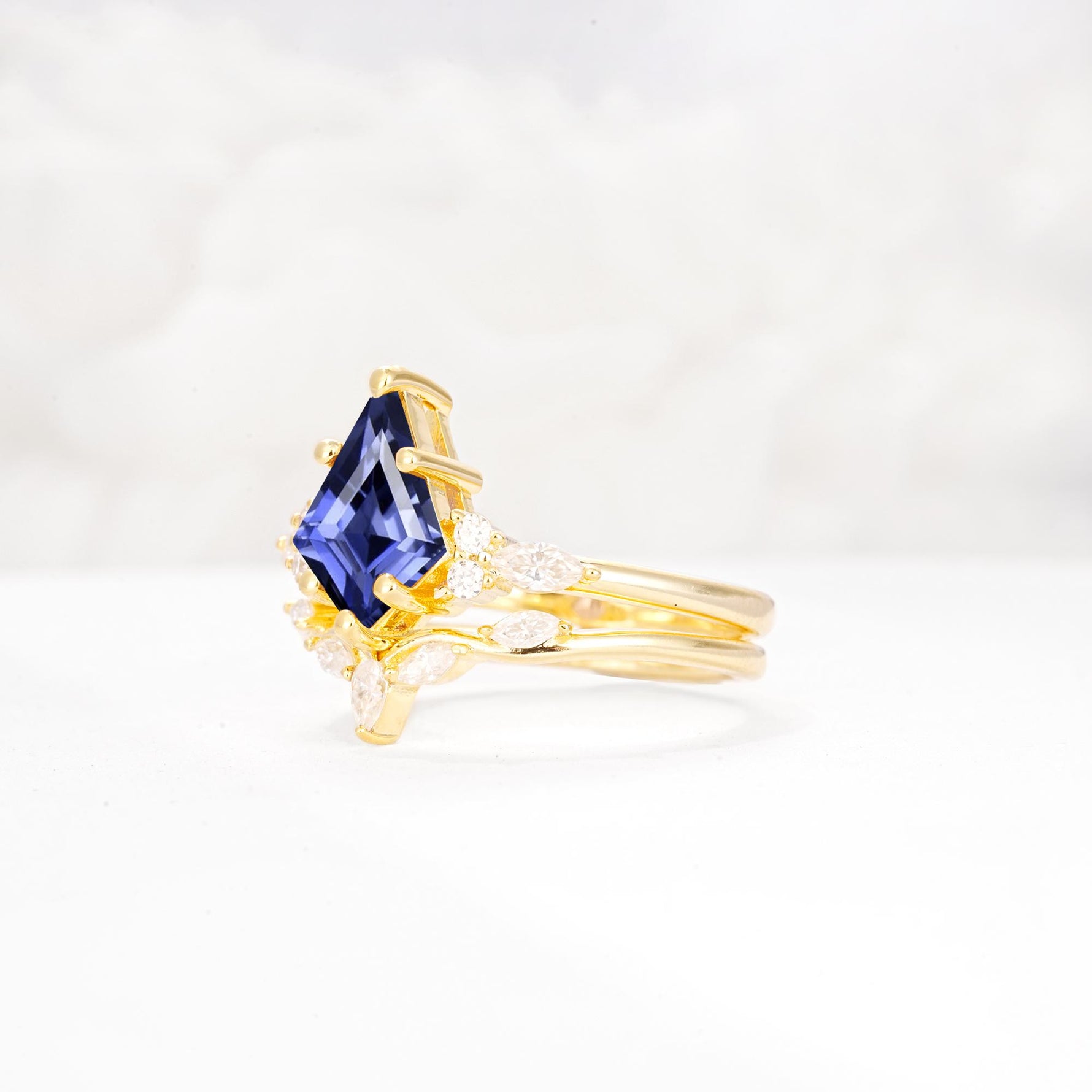 Kite Cut Tanzanite Engagement Ring Set with Lotus Tiara Enhancer - Rose-Gold