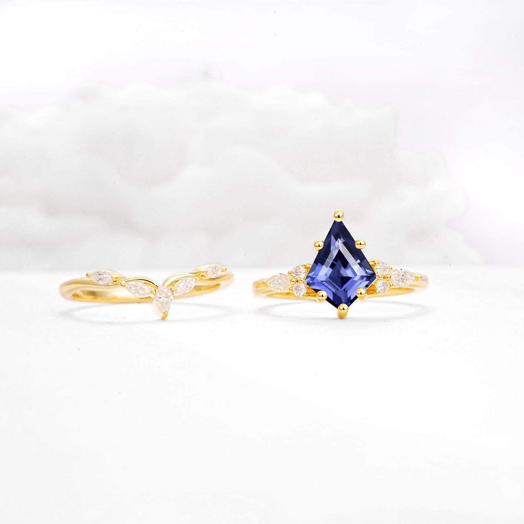 Kite Cut Tanzanite Engagement Ring Set with Lotus Tiara Enhancer - White-Gold