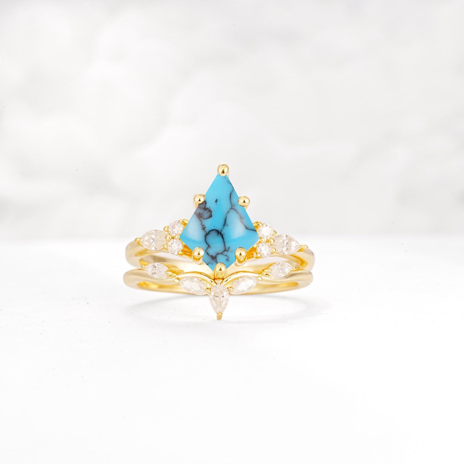 Kite Cut Turquoise Engagement Ring Set with Lotus Tiara Enhancer - Yellow-Gold