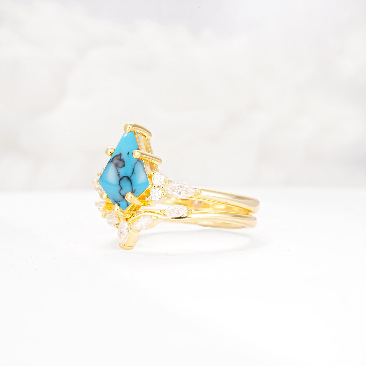 Kite Cut Turquoise Engagement Ring Set with Lotus Tiara Enhancer - Rose-Gold