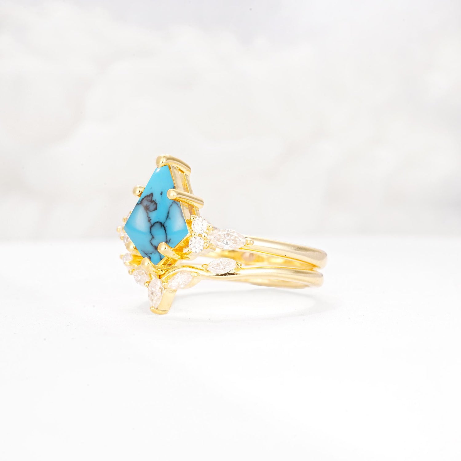 Kite Cut Turquoise Engagement Ring Set with Lotus Tiara Enhancer - Rose-Gold