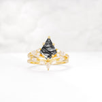 Kite Cut Black Rutilated Quartz Engagement Ring Set with Lotus Tiara Enhancer - Yellow-Gold