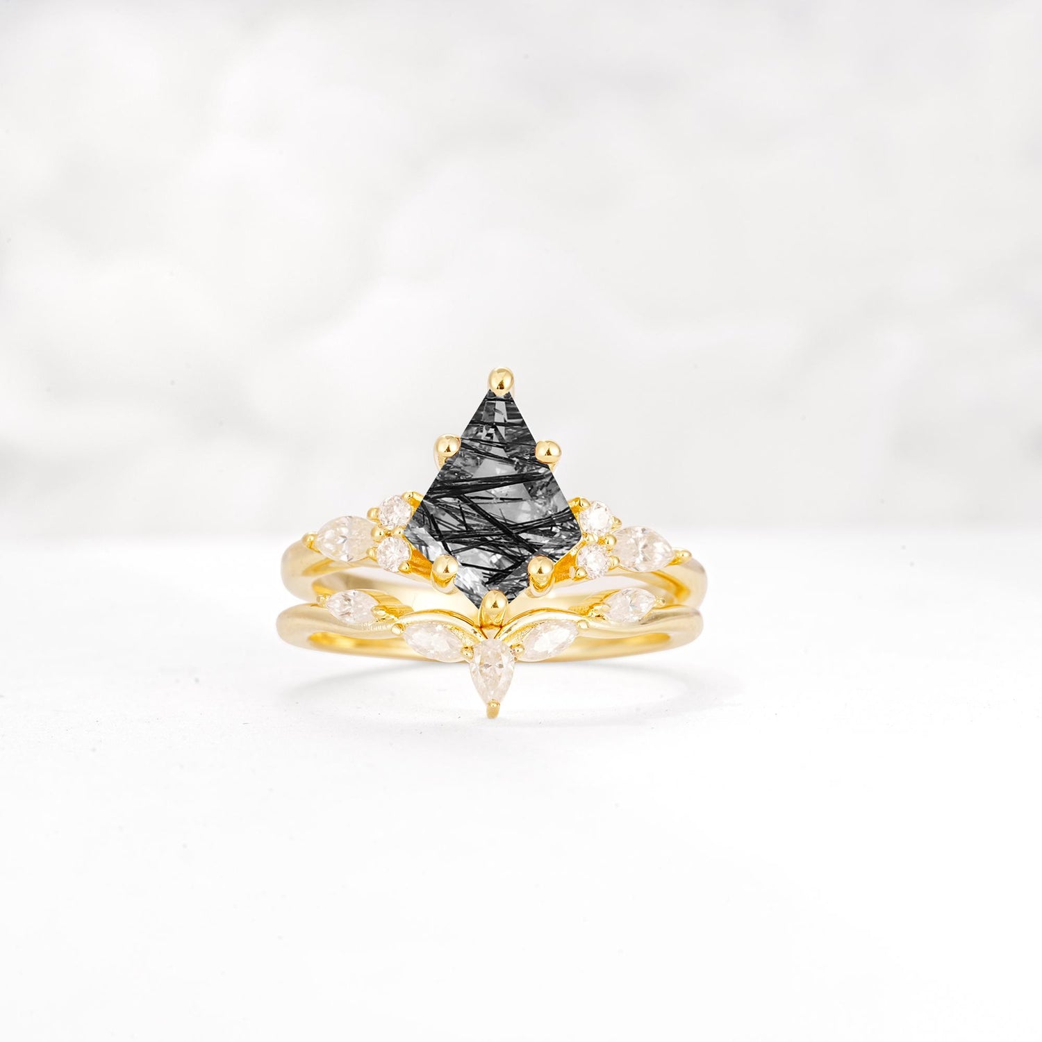 Kite Cut Black Rutilated Quartz Engagement Ring Set with Lotus Tiara Enhancer - Yellow-Gold
