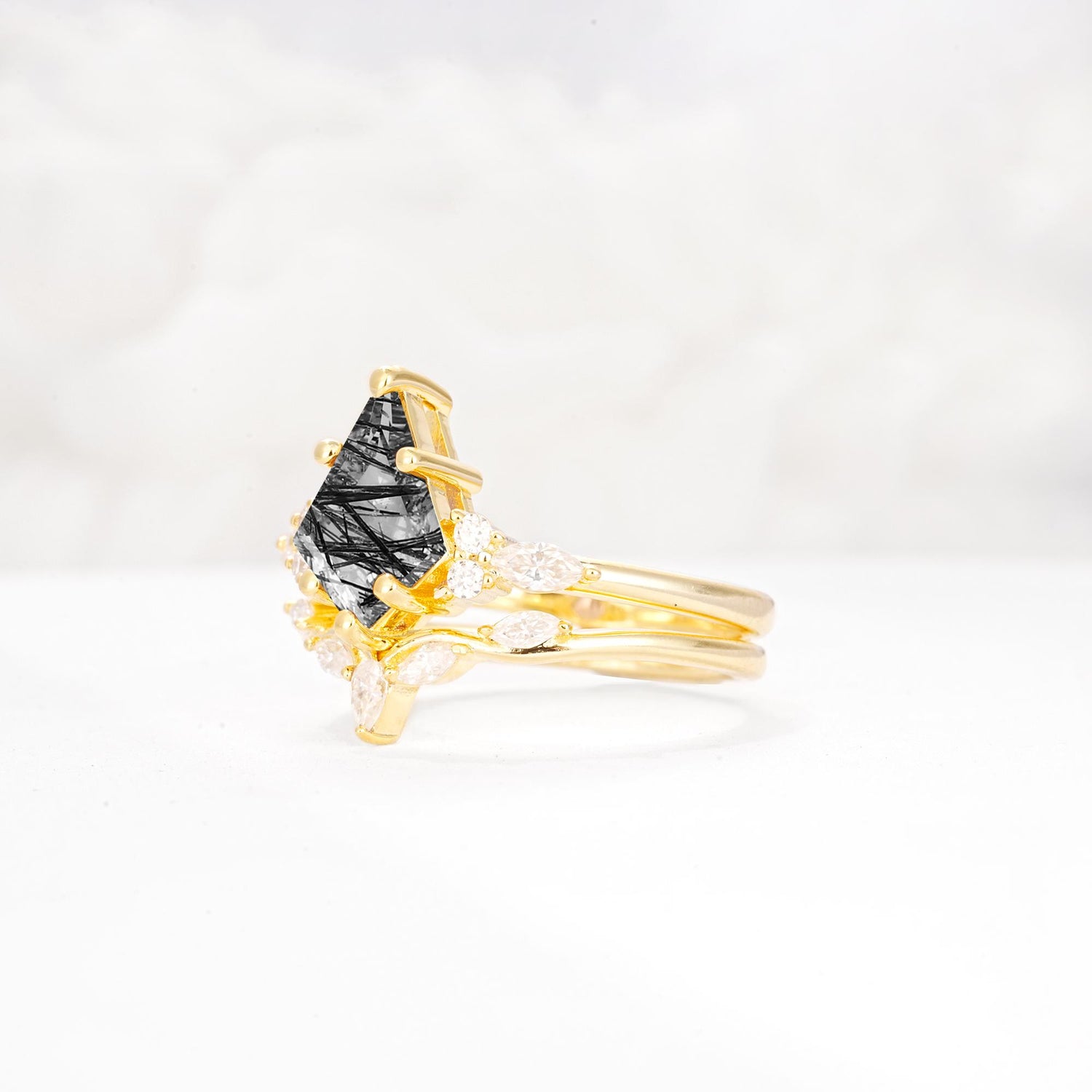 Kite Cut Black Rutilated Quartz Engagement Ring Set with Lotus Tiara Enhancer - Rose-Gold