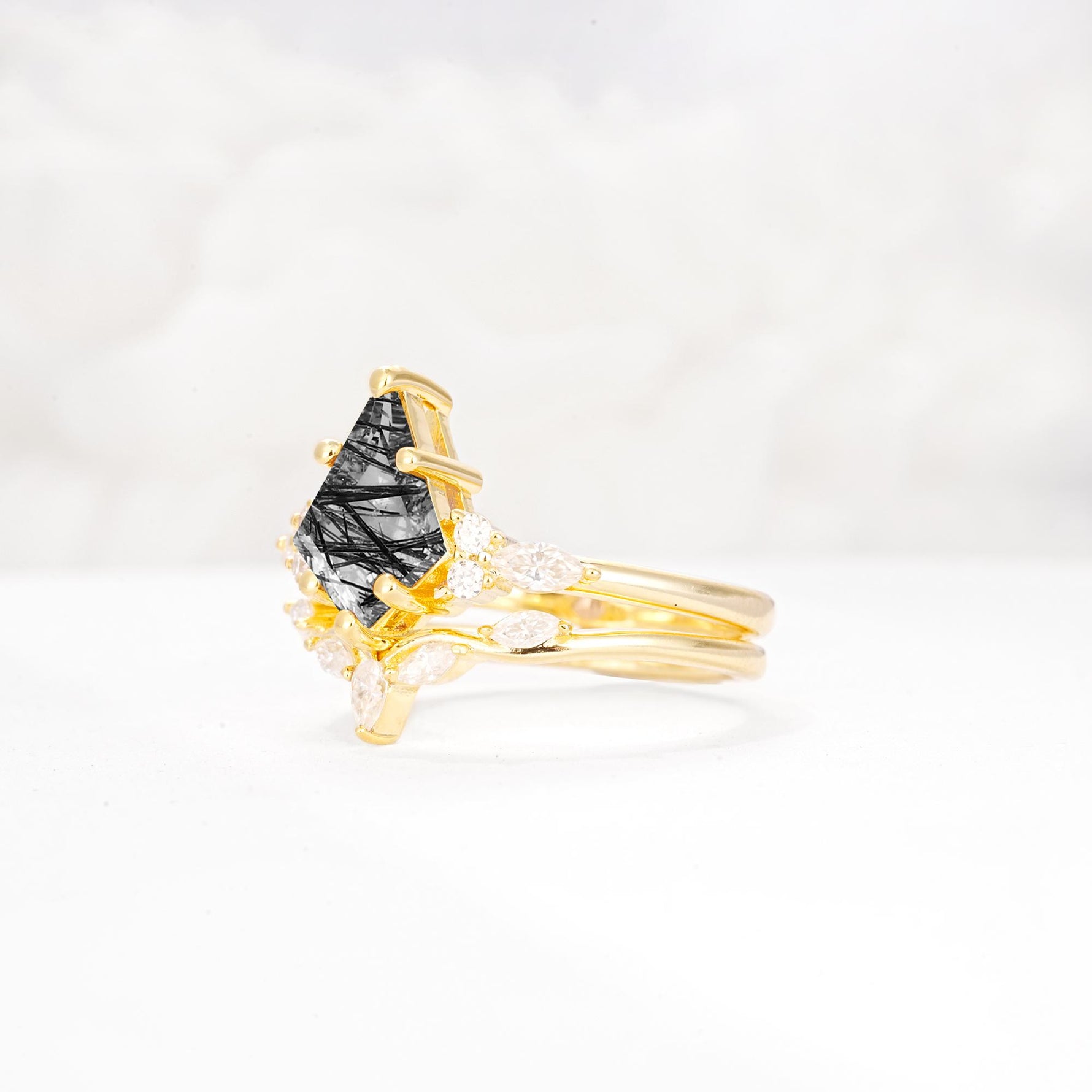 Kite Cut Black Rutilated Quartz Engagement Ring Set with Lotus Tiara Enhancer - Rose-Gold